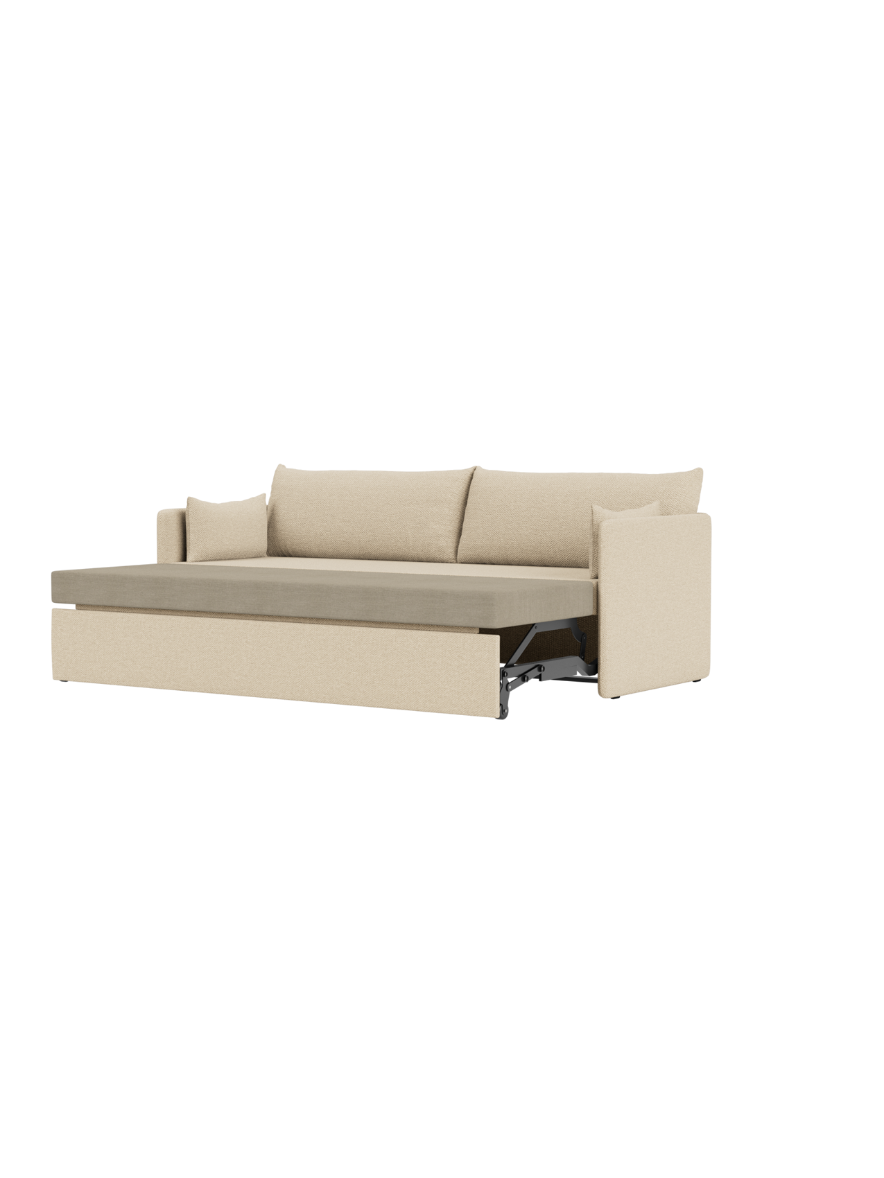 Side view of the Offset Sofa Bed in Logan Sand fabric, partially opened to reveal the mattress and folding mechanism.