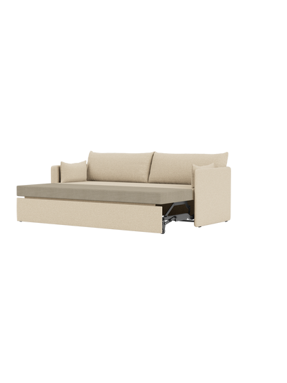 Side view of the Offset Sofa Bed in Logan Sand fabric, partially opened to reveal the mattress and folding mechanism.