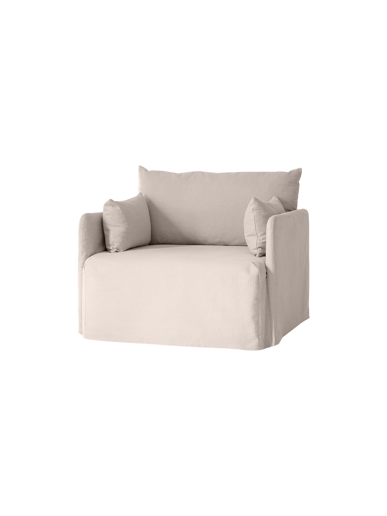 Angled view of the one-seater Offset Sofa with Loose Cover in a light grey fabric, shown against a solid black background.