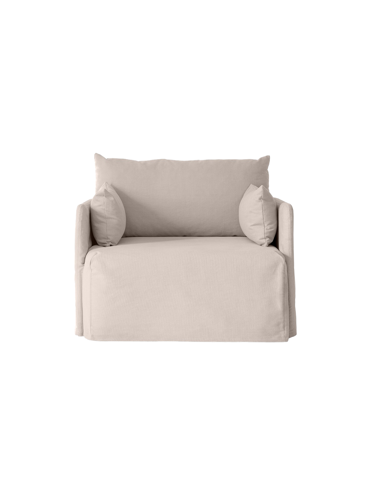 Front view of the Offset Sofa with Loose Cover, a 1-seater armchair in a light grey fabric, isolated on a black background.