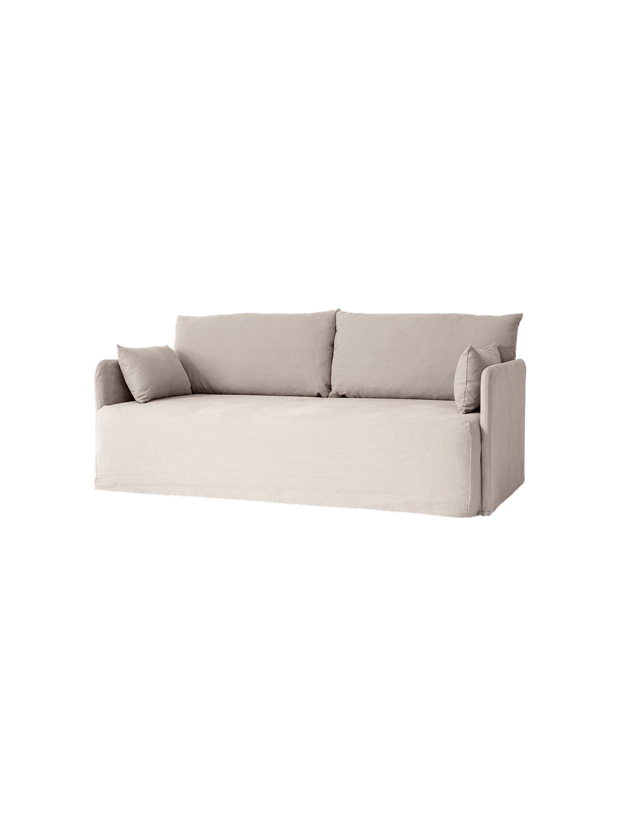 Angled view of the Offset Sofa w. Loose Cover in a light grey fabric, with two large back and two smaller side cushions.