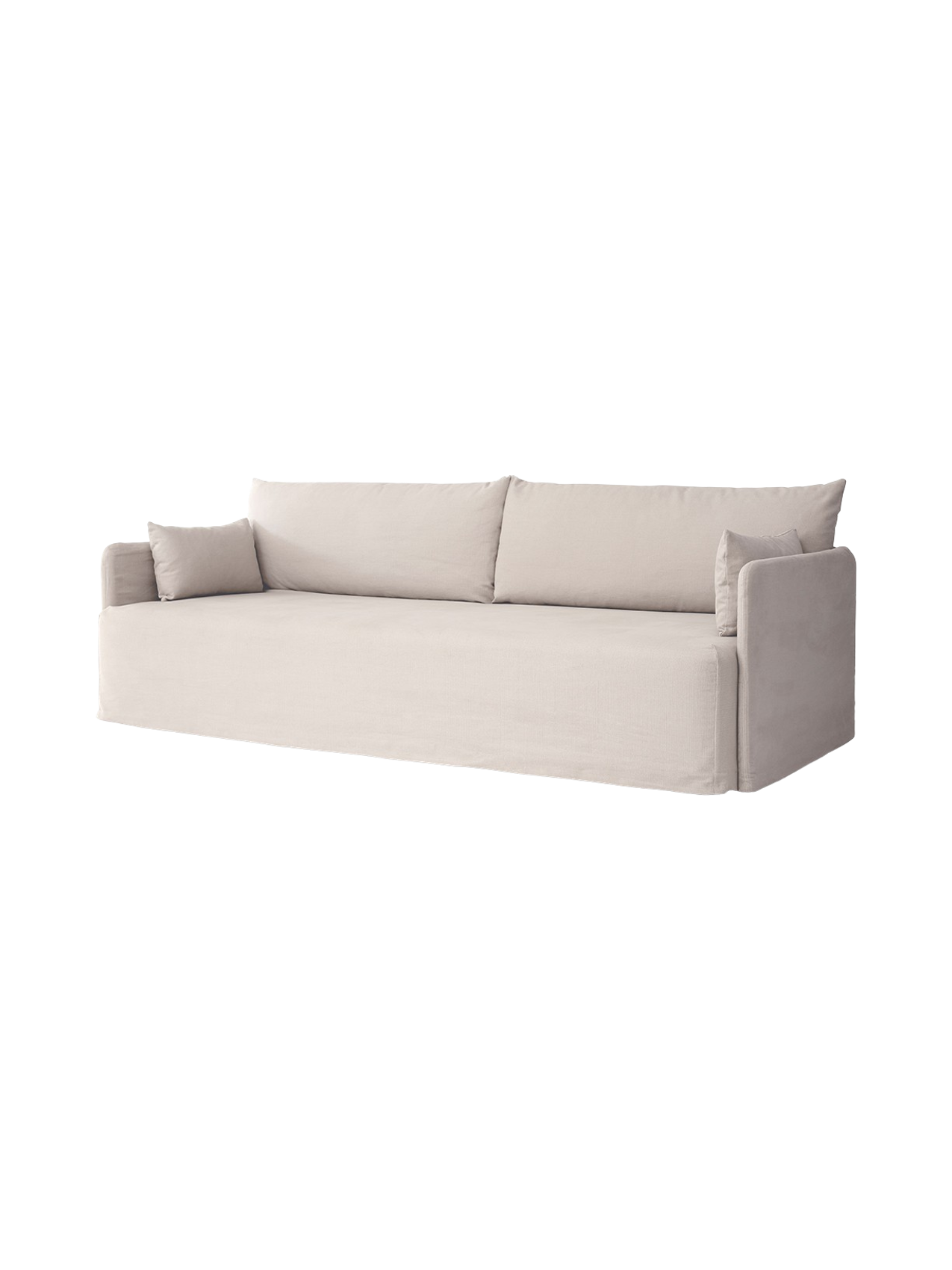 A light-coloured three-seater Offset Sofa w. Loose Cover with two large back cushions and two smaller pillows at the arms.