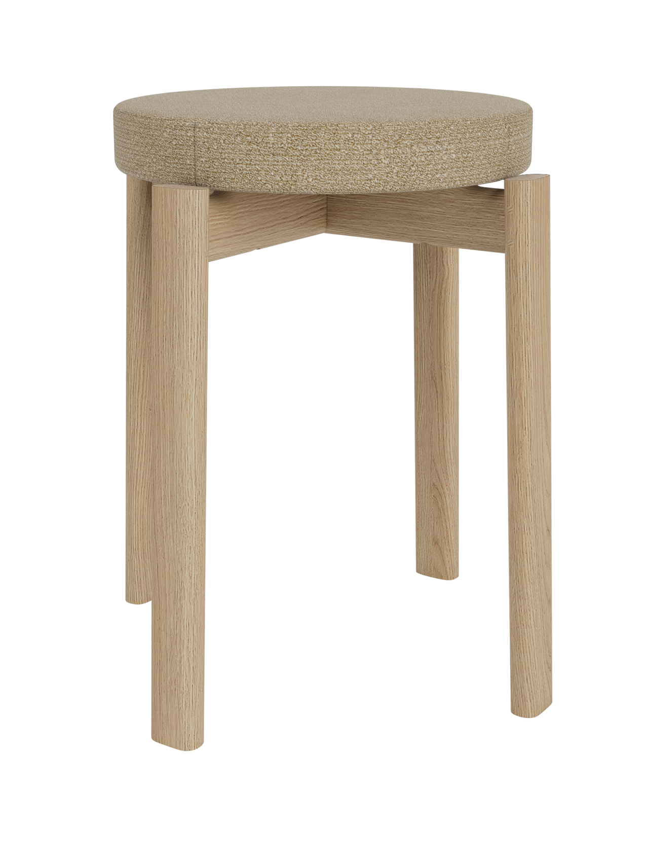 The Passage Stool, Upholstered, shown with a natural oak frame and a round, textured beige Audo Bouclé 02 fabric seat.