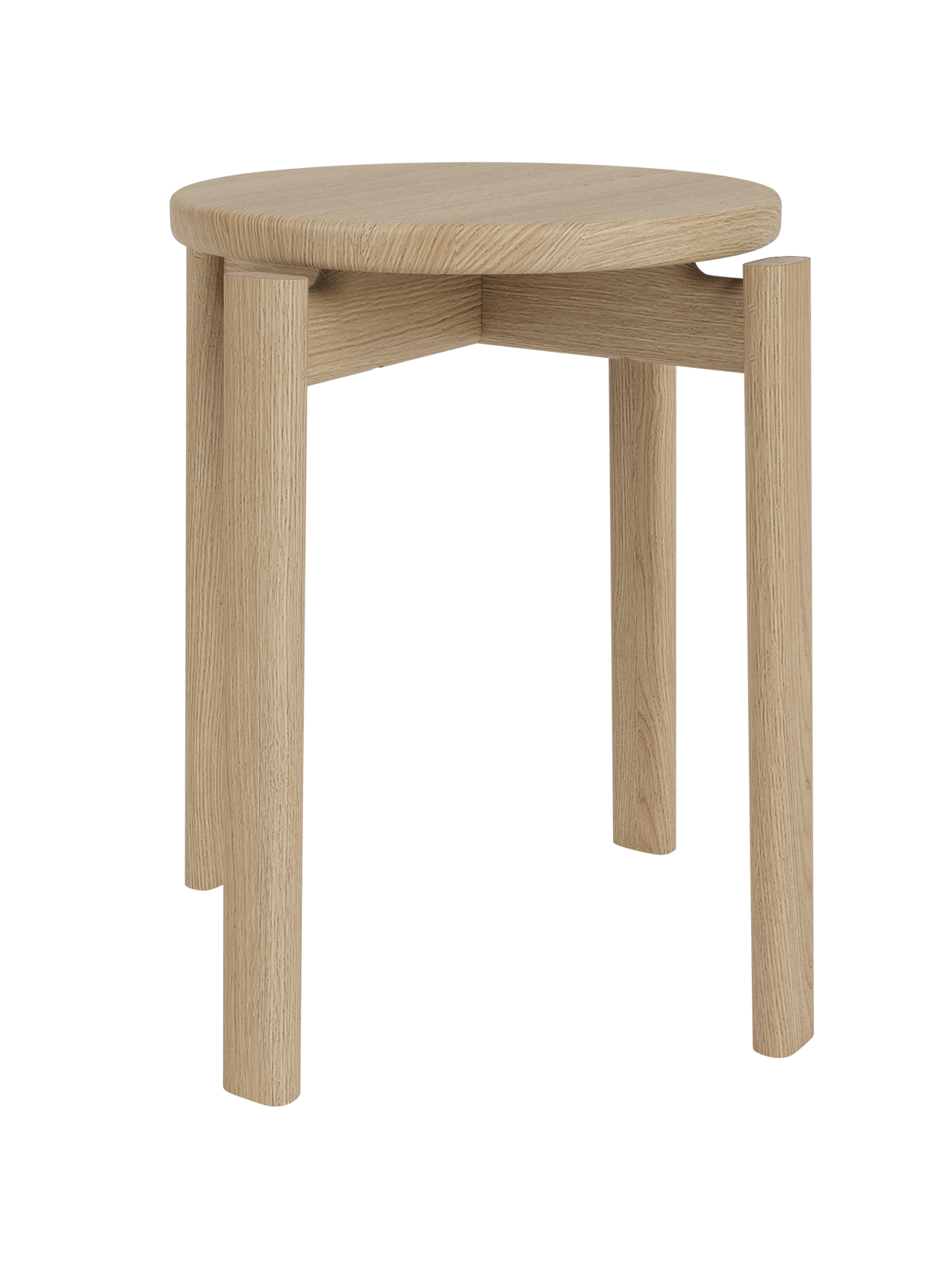 A Passage Stool with a round seat in natural oak, shown from a three-quarters angle against a black background.