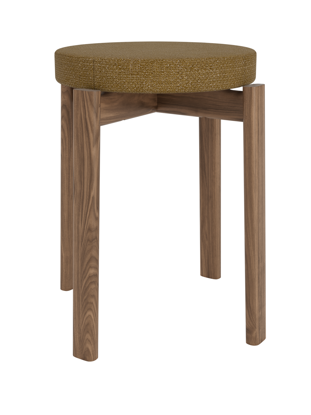 A front-on view of the Passage Stool, Upholstered, with a dark solid walnut frame and a round seat in Audo Bouclé 06 fabric.