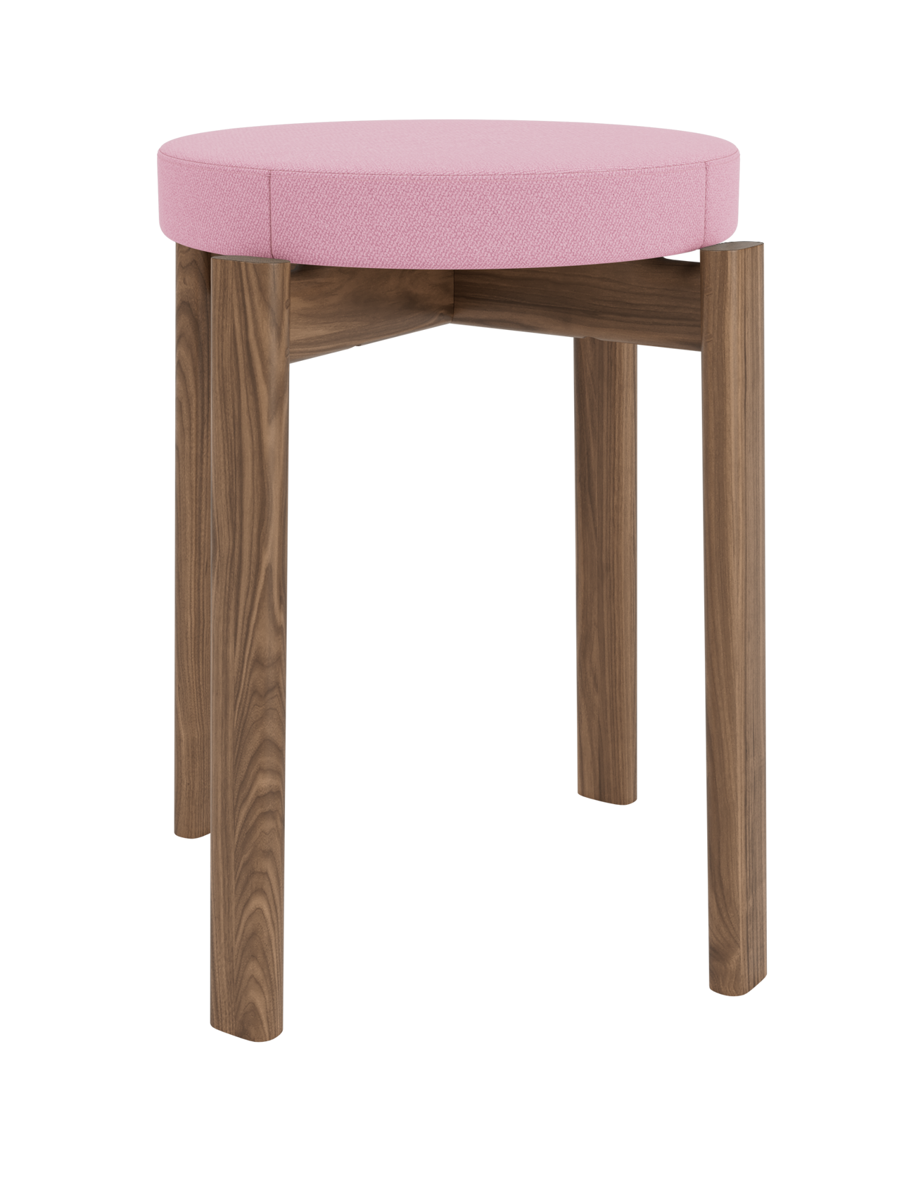 A Passage Stool, Upholstered, with a solid walnut frame and a round, padded seat in light pink Vidar 0526 fabric.