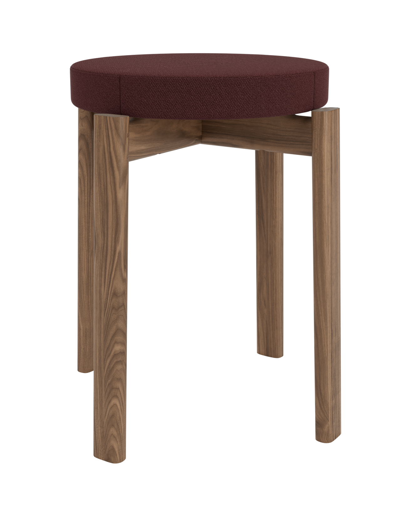 A front view of the Passage Stool, Upholstered. It has a dark walnut wood frame and a round, padded seat in deep red fabric.