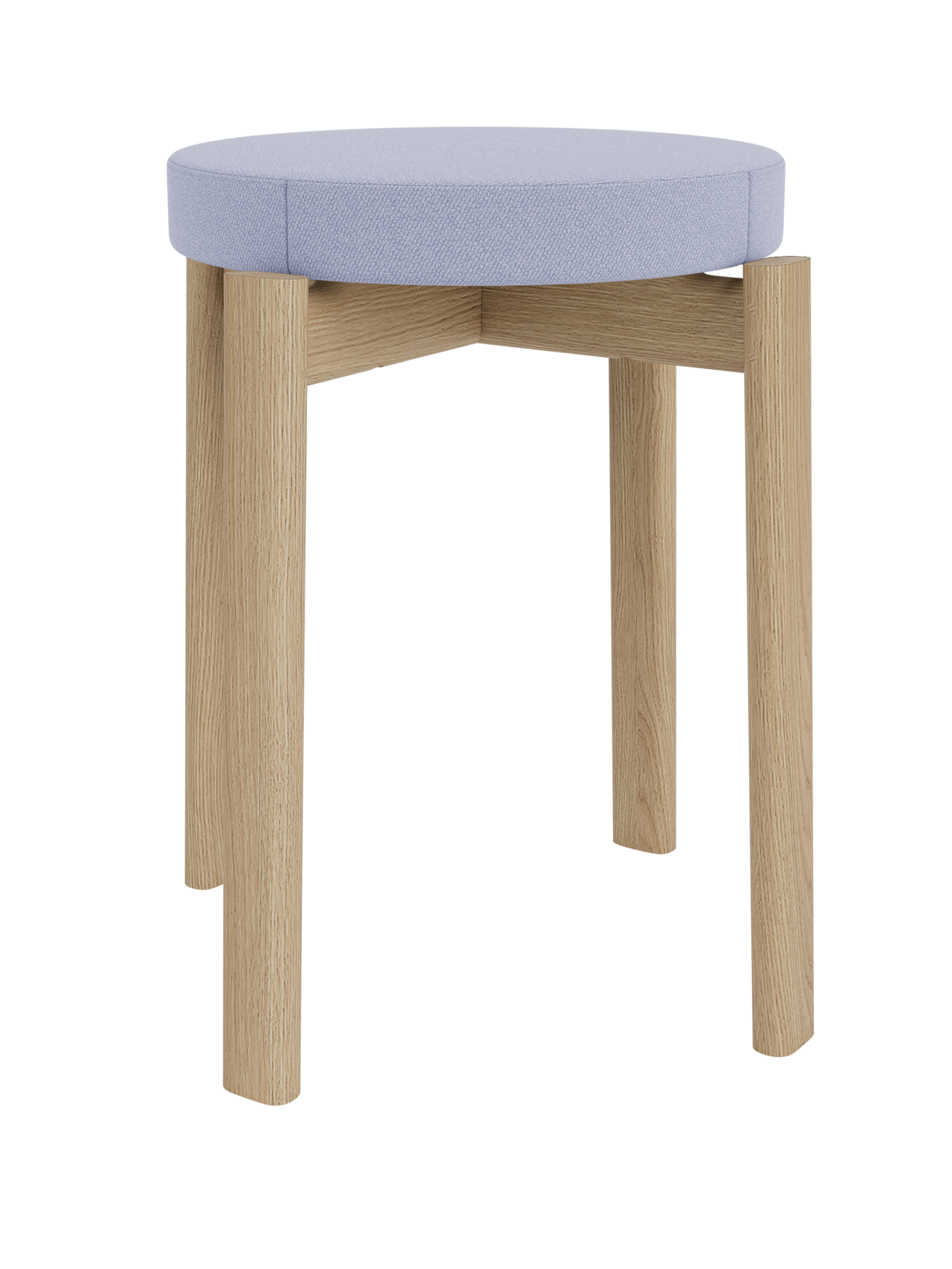 A front-facing view of the Passage Stool, Upholstered, with a natural oak frame and a round, padded seat in pale blue fabric.