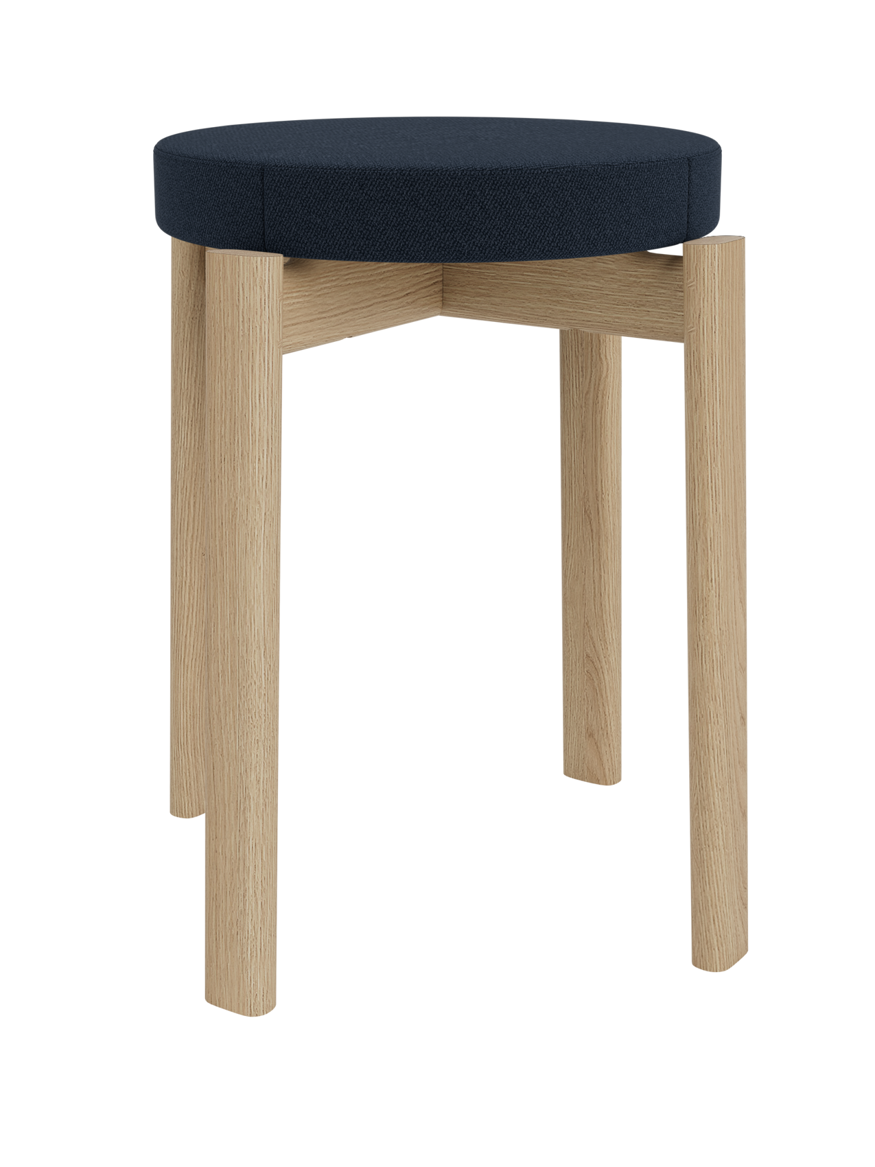 The Passage Stool, Upholstered, shown in natural oak with a dark blue Vidar 0786 fabric seat against a plain background.