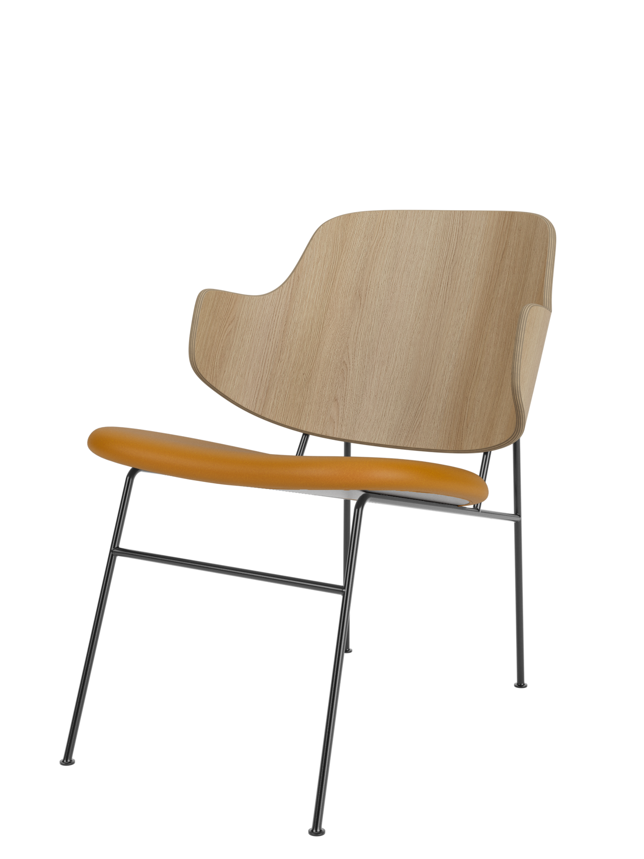The Penguin Lounge Chair with a curved natural oak back, a tan leather seat, and a slim, dark powder-coated steel frame.