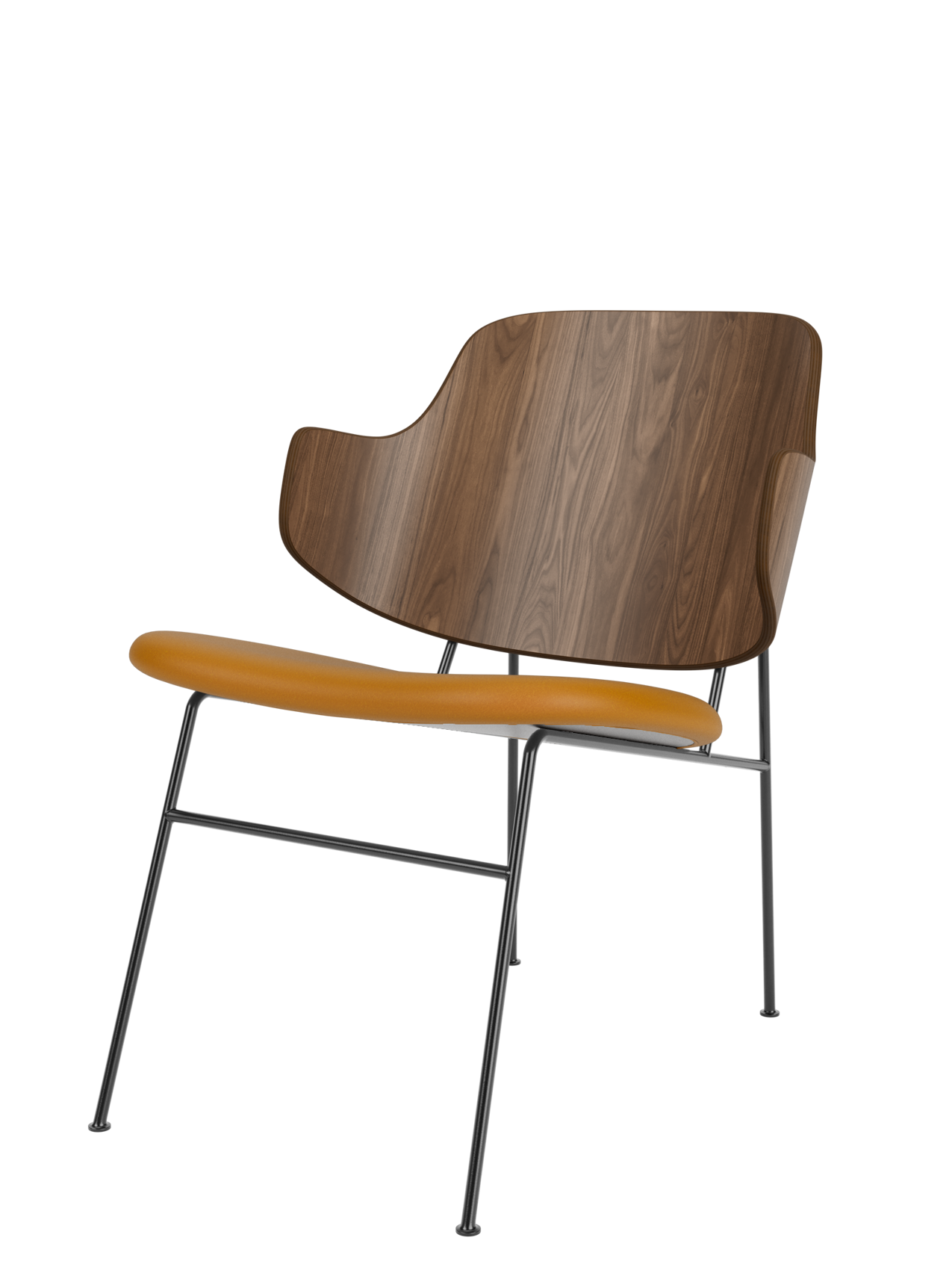 The Penguin Lounge Chair, featuring a curved walnut veneer backrest and a tan upholstered seat on a thin black metal frame.