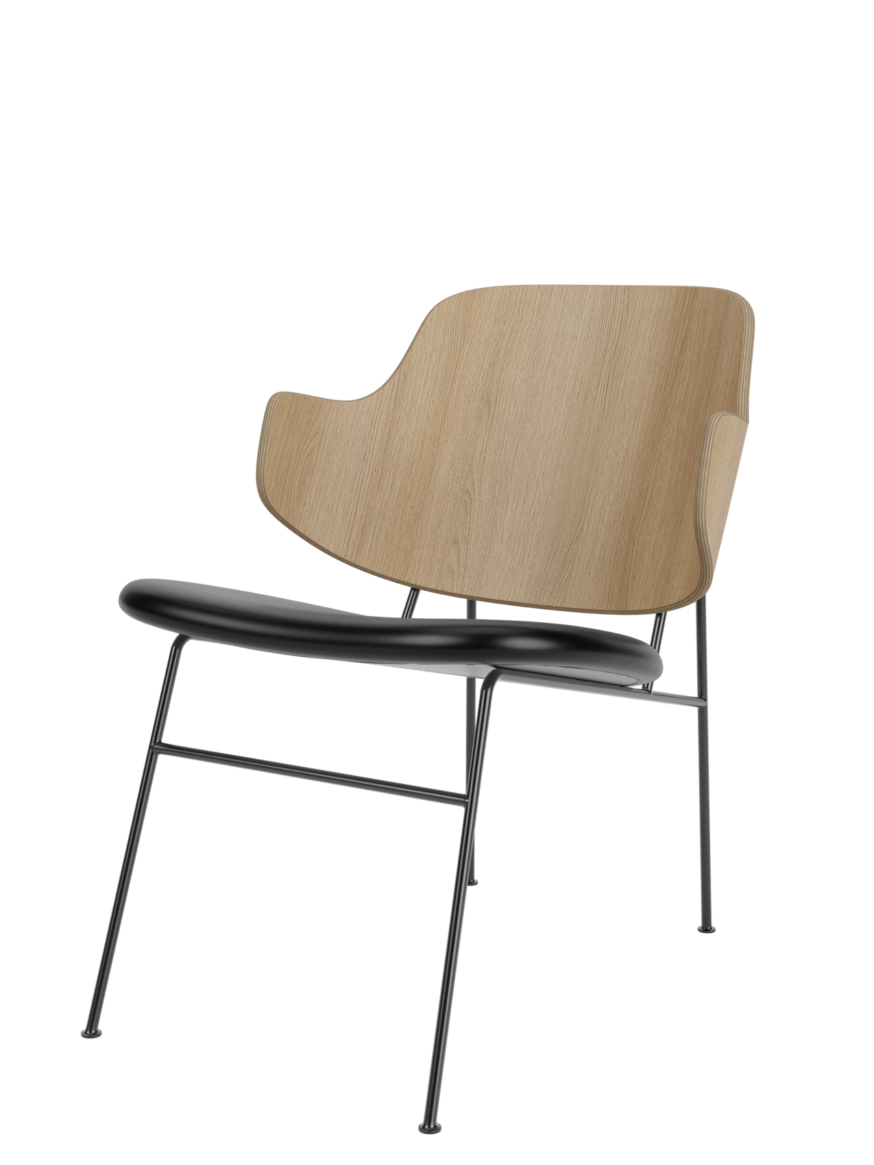 The Penguin Lounge Chair with a natural oak veneer backrest, a black upholstered seat, and black powder-coated steel frame.