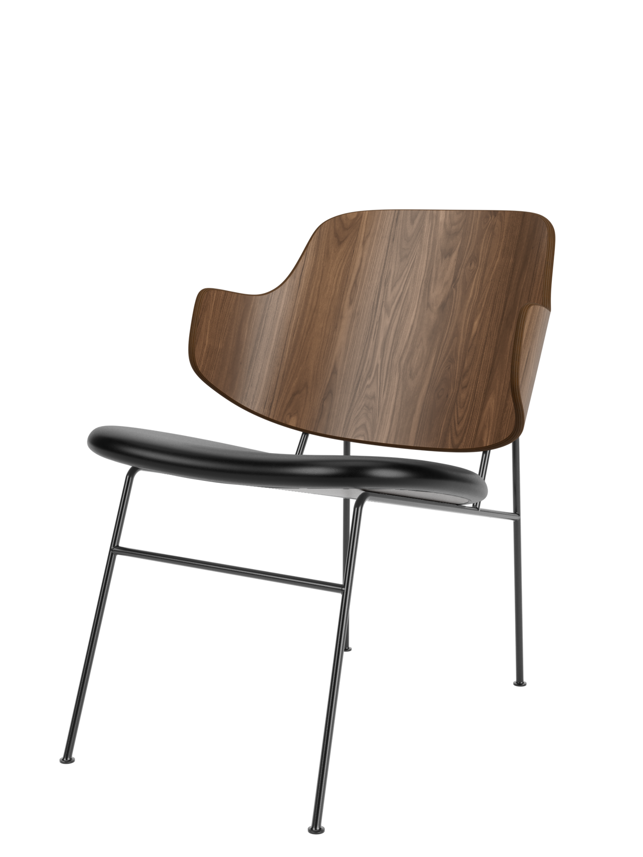 The Penguin Lounge Chair with a curved walnut veneer backrest and a black leather seat on a black powder-coated steel frame.