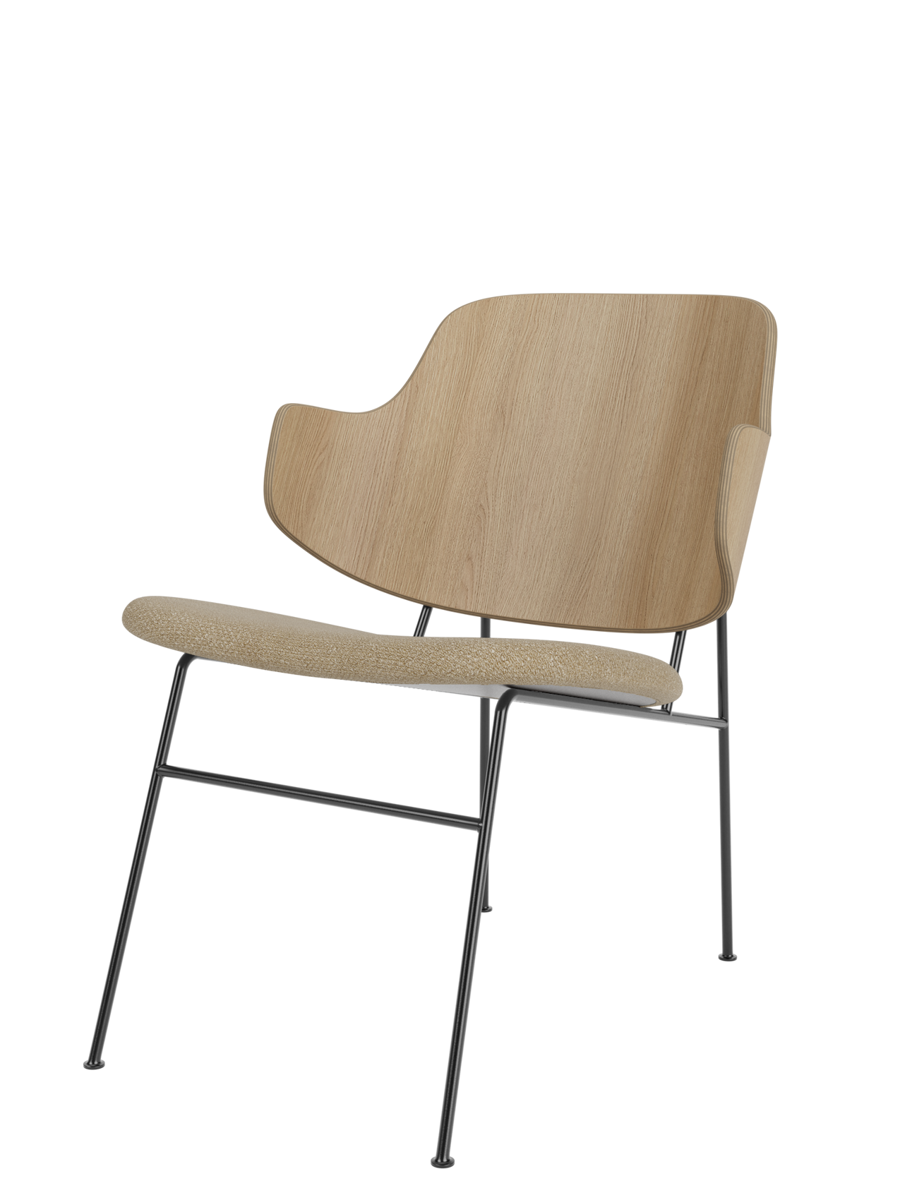 Penguin Lounge Chair with a natural oak backrest, a seat upholstered in cream Audo Bouclé 02, and a slim black steel frame.