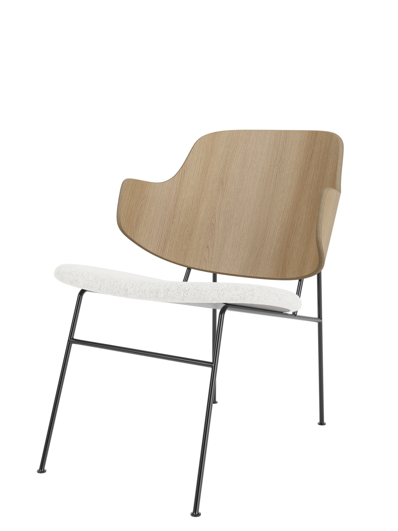 A side view of The Penguin Lounge Chair, with a natural oak backrest, white upholstered seat and a slender black metal frame.