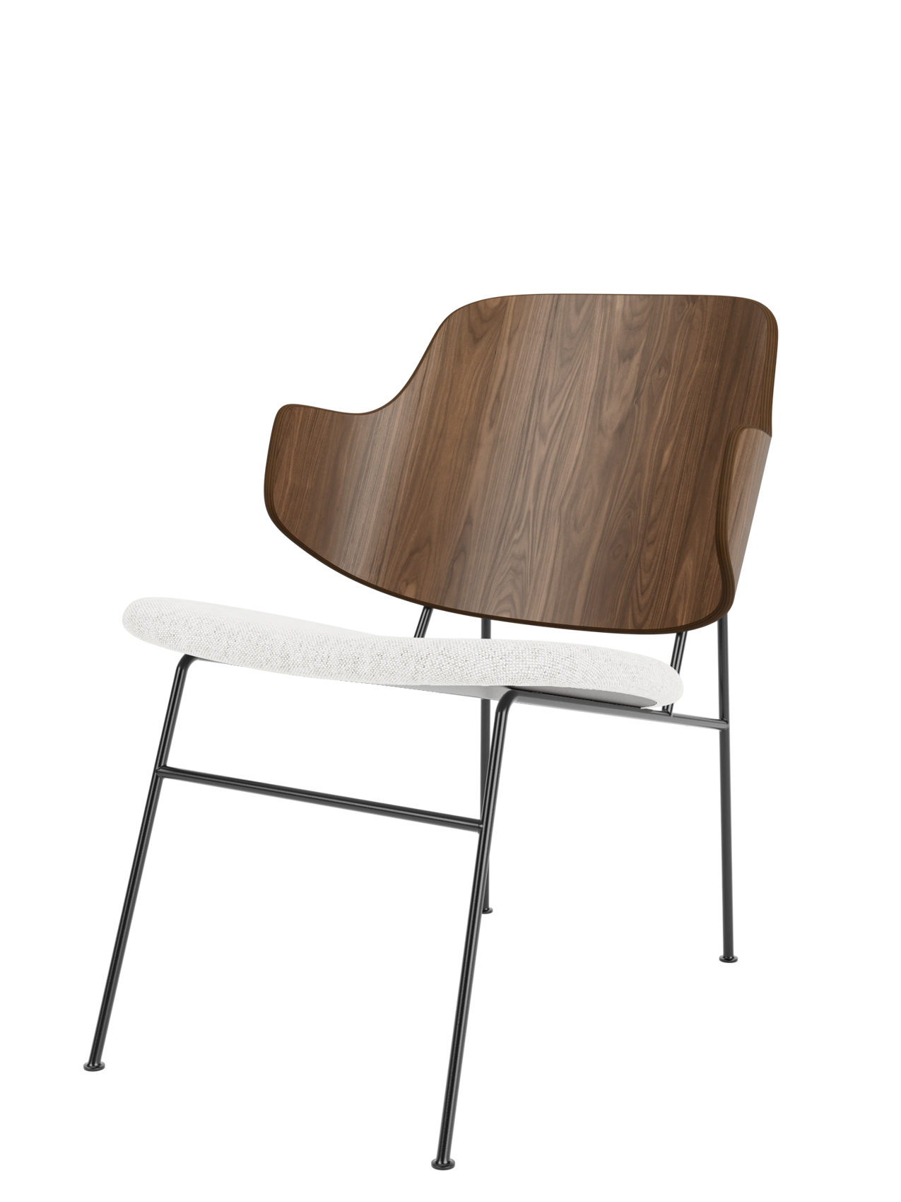 The Penguin Lounge Chair with a curved walnut veneer backrest, light grey upholstered seat, and a slender black steel frame.