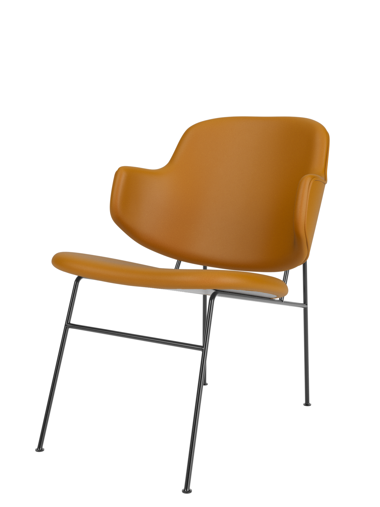 A side-angle view of The Penguin Lounge Chair, fully upholstered in tan leather with a dark powder-coated steel frame.