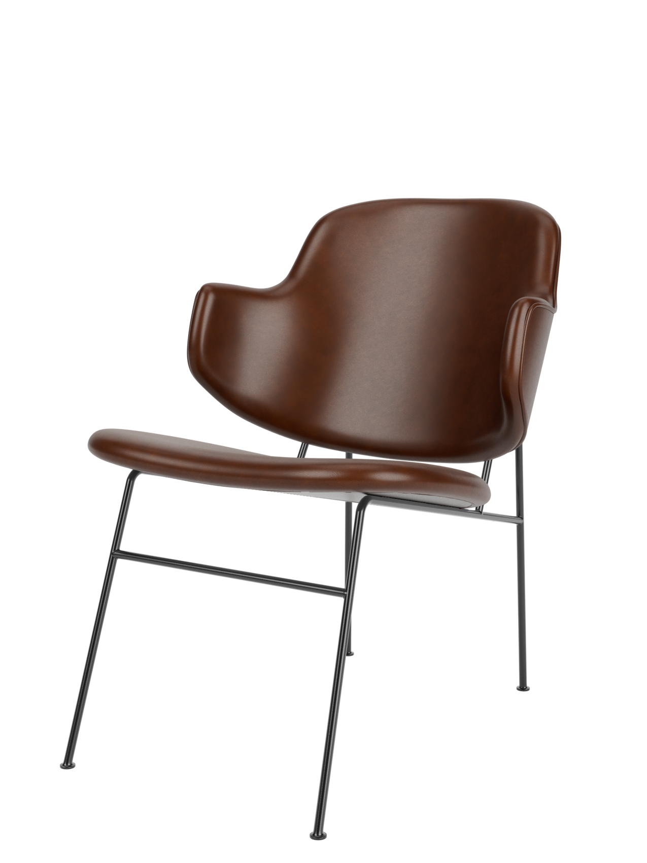 A three-quarter view of The Penguin Lounge Chair, fully upholstered in smooth brown leather with a slender black steel frame.