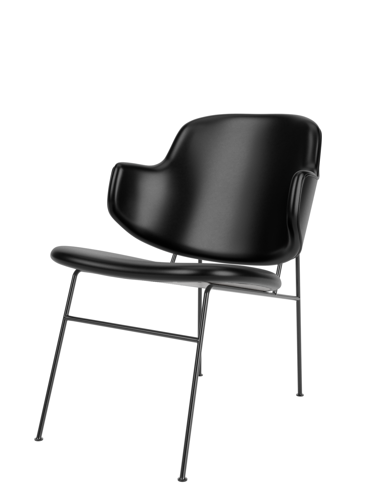 Three-quarter view of The Penguin Lounge Chair, fully upholstered in black leather with a black powder-coated steel frame.
