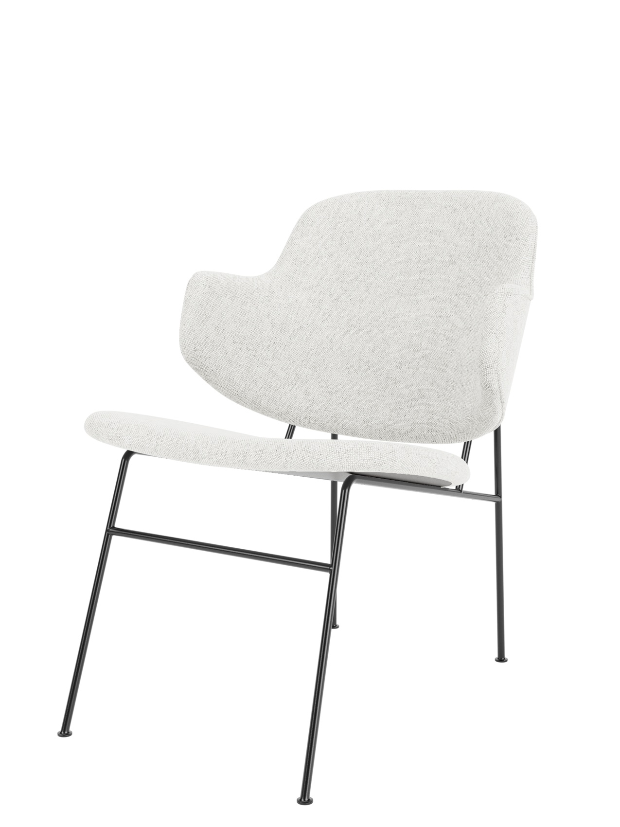 The Penguin Lounge Chair, fully upholstered in light grey textured fabric, shown at an angle on its thin black metal frame.