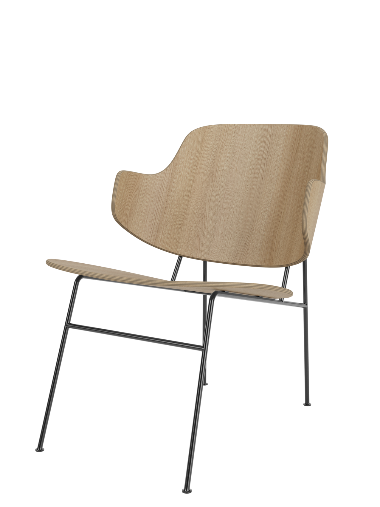 Front three-quarter view of The Penguin Lounge Chair, with its natural oak veneer shell and slender black metal frame.