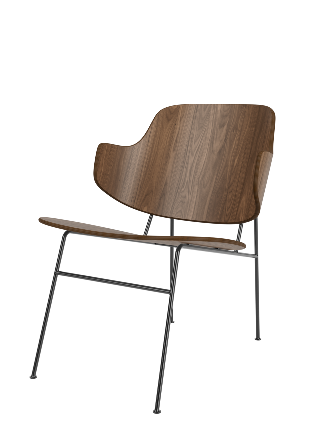 Side view of The Penguin Lounge Chair with a sculptural back and seat in walnut veneer, on a slim, black steel frame.