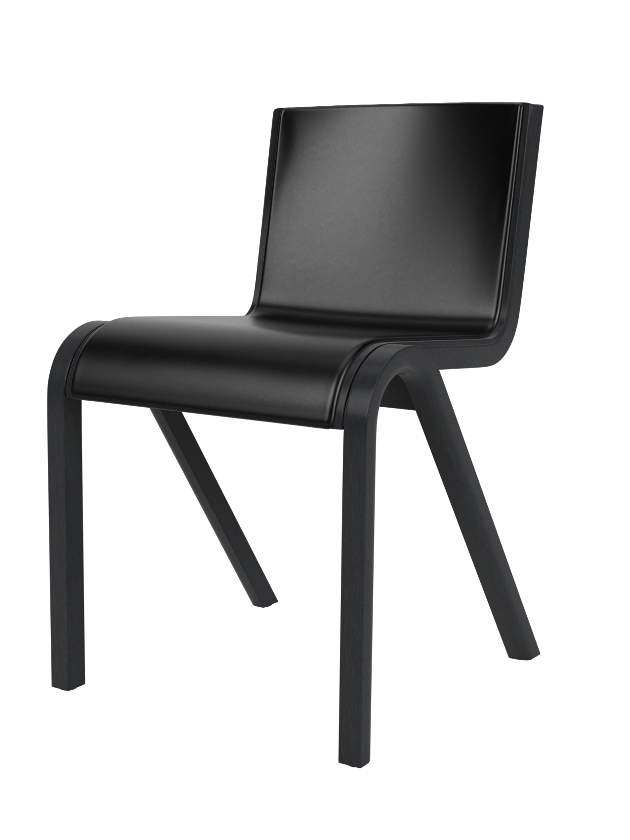 Angled view of the Ready Dining Chair. It has a black oak frame with visible grain and a seat upholstered in black leather.