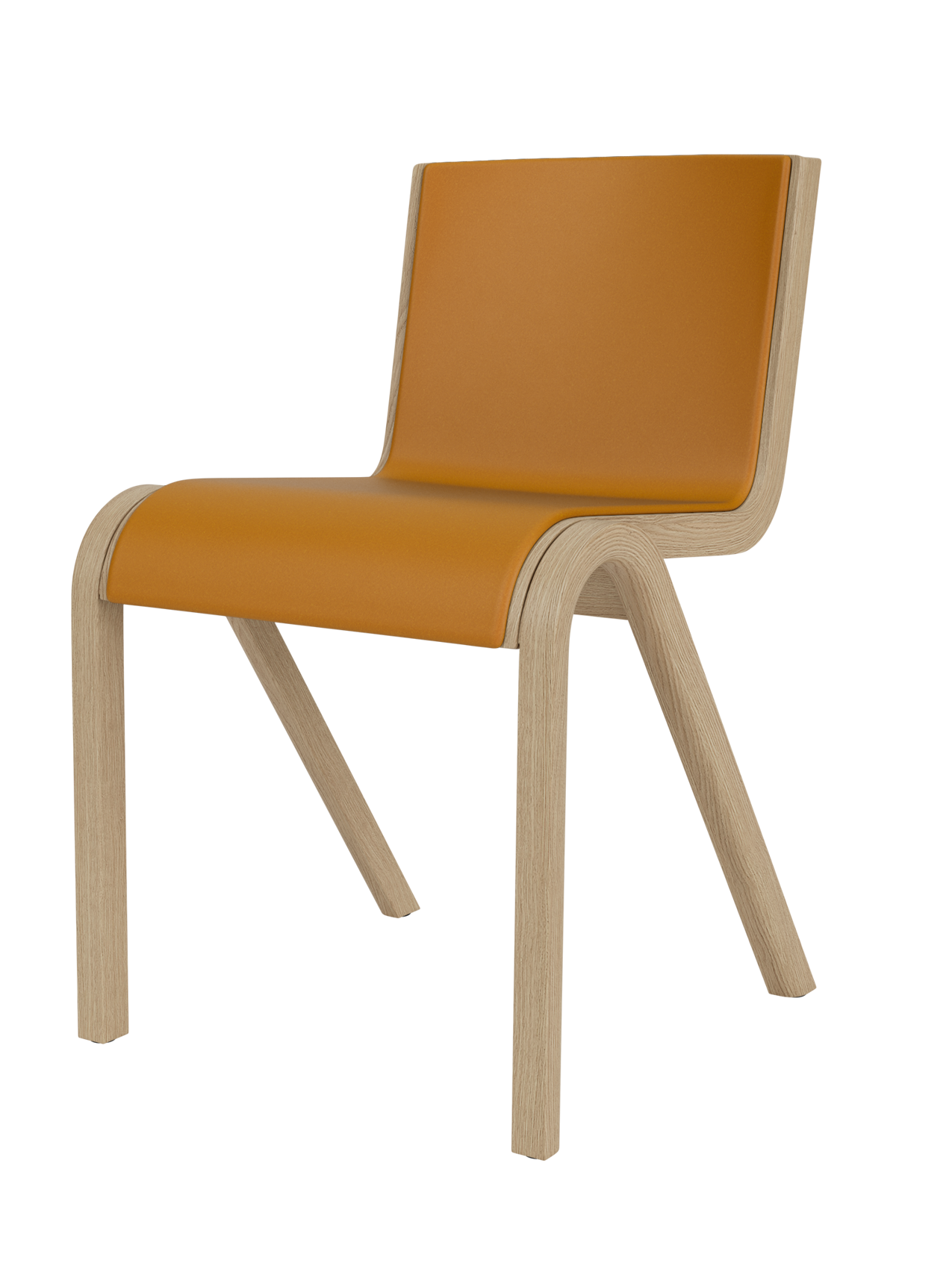 An angled view of the Ready Dining Chair, Front Upholstered, with a natural oak frame and a cantilevered seat in tan leather.