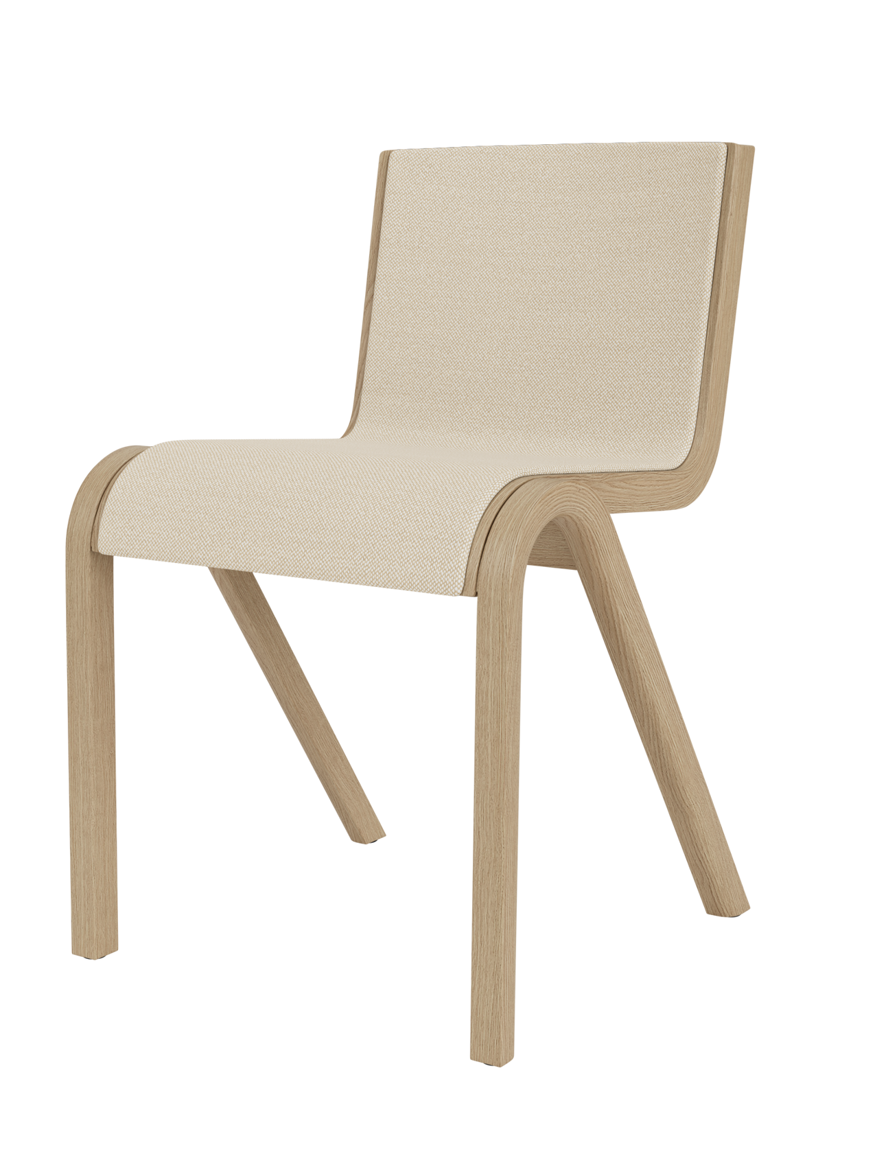 A three-quarter view of the Ready Dining Chair, Front Upholstered, with a natural oak frame and light, textured upholstery.