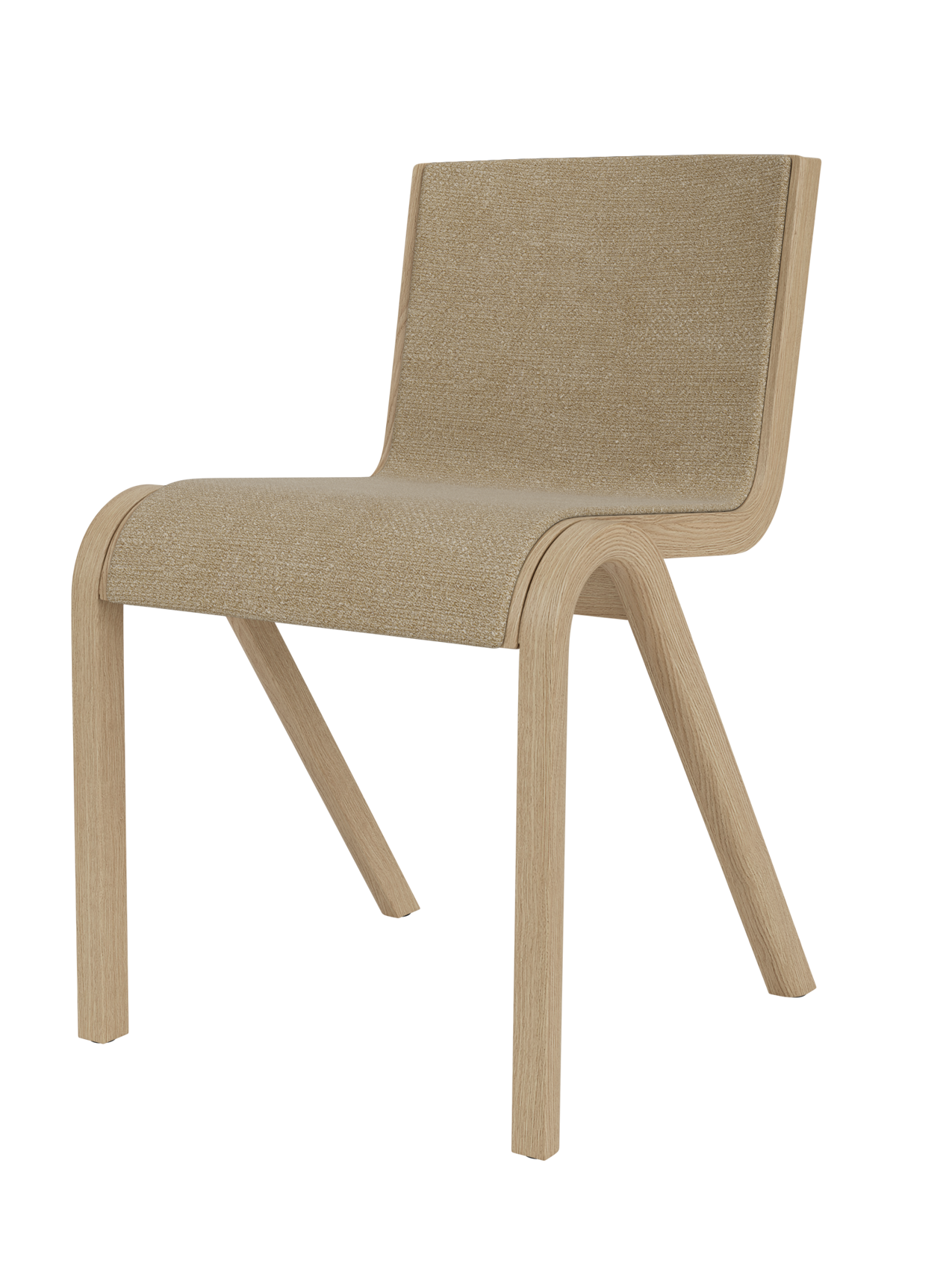 Three-quarter view of the Ready Dining Chair with a natural oak frame and front upholstered in beige bouclé fabric.