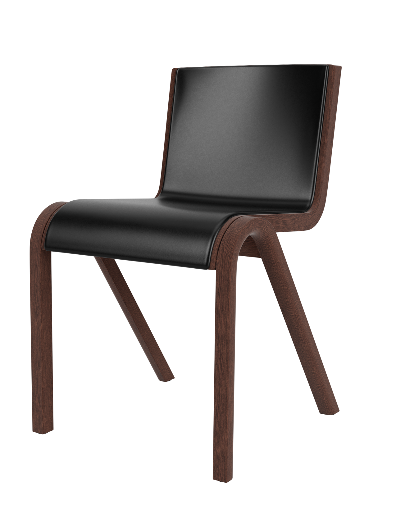 A three-quarter view of the Ready Dining Chair, Front Upholstered, featuring a red-stained oak frame and black upholstery.