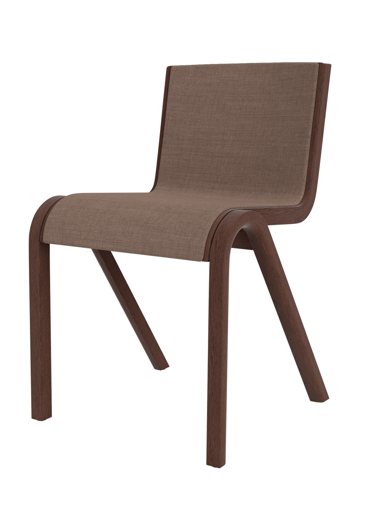 A side view of the Ready Dining Chair, Front Upholstered. The chair features a red-stained oak frame and brown canvas fabric.