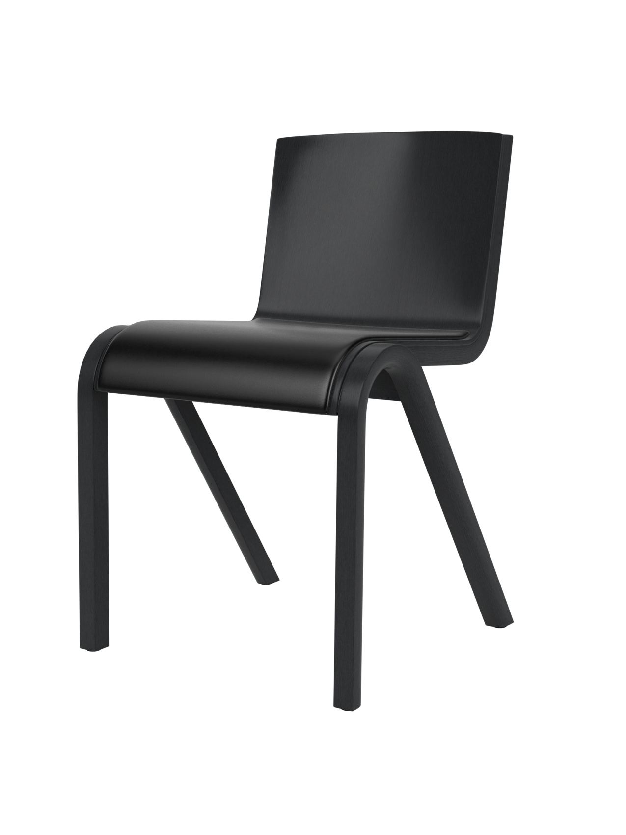 A three-quarter view of the Ready Dining Chair. It has a black painted oak frame and a seat upholstered in dark material.