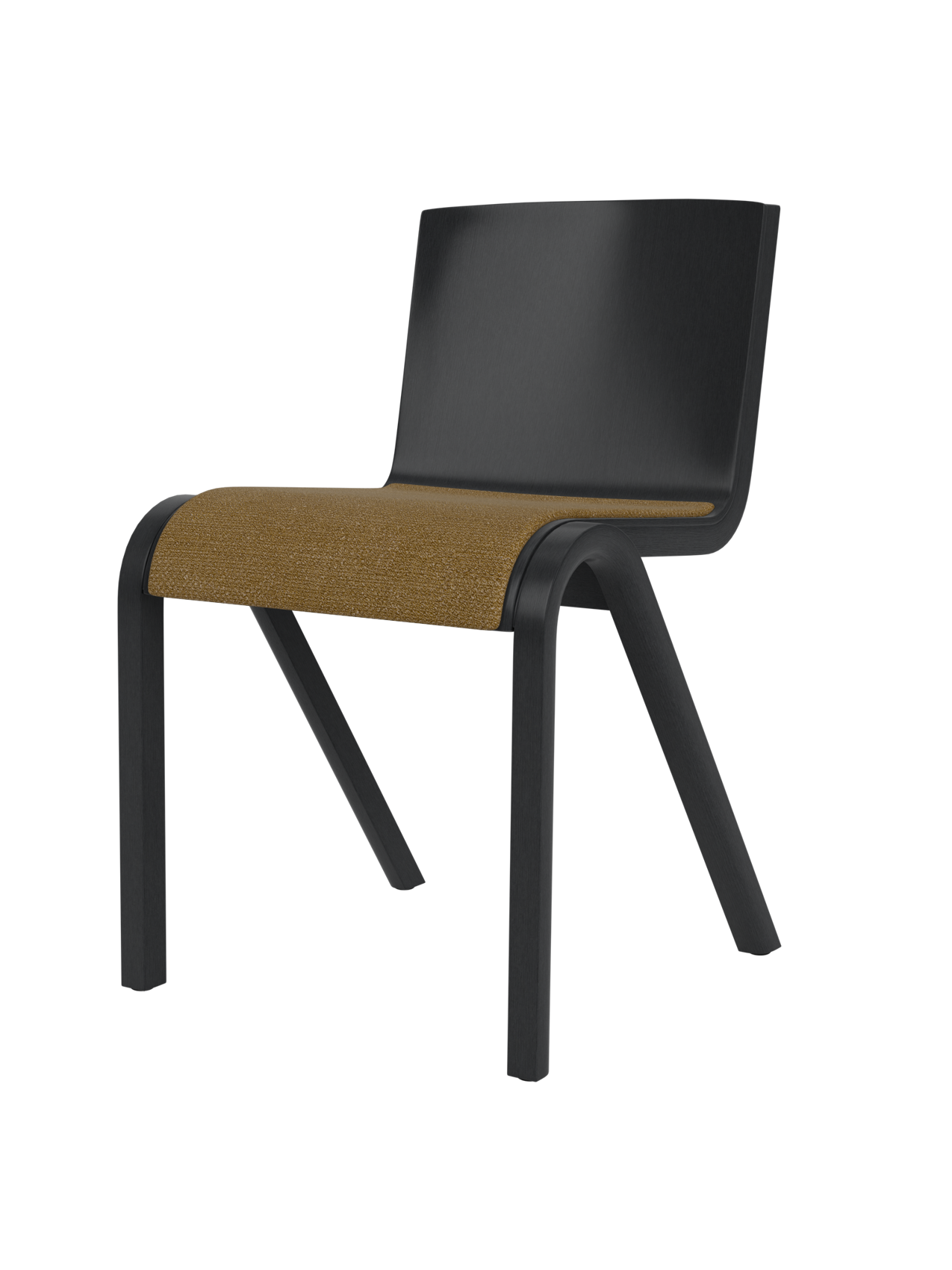 A side-angle view of the Ready Dining Chair, featuring a black painted oak frame and a golden-brown bouclé upholstered seat.