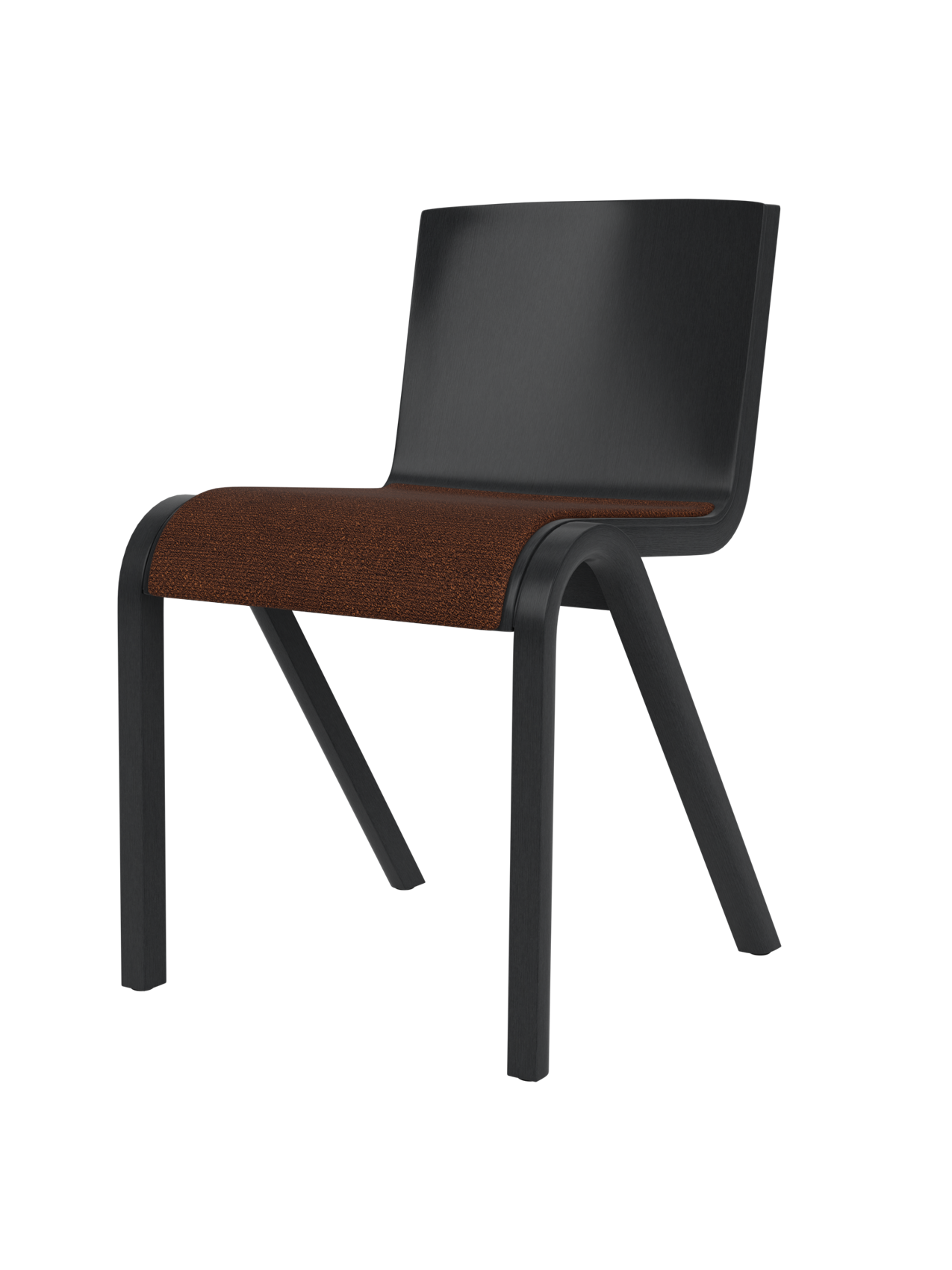 A Ready Dining Chair with a cantilevered design, featuring a black oak frame and a seat upholstered in brown bouclé fabric.