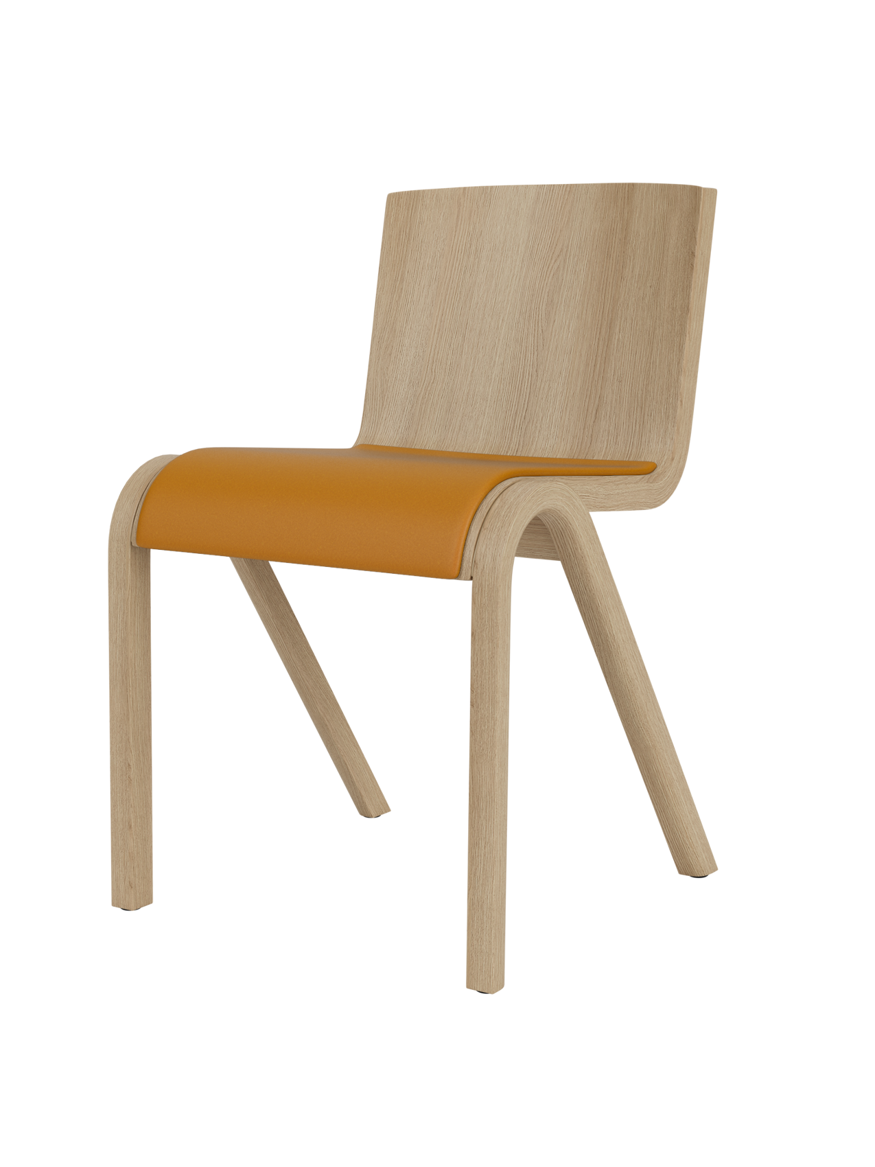 Front three-quarter view of the Ready Dining Chair. It has a natural oak frame and a tan upholstered seat.