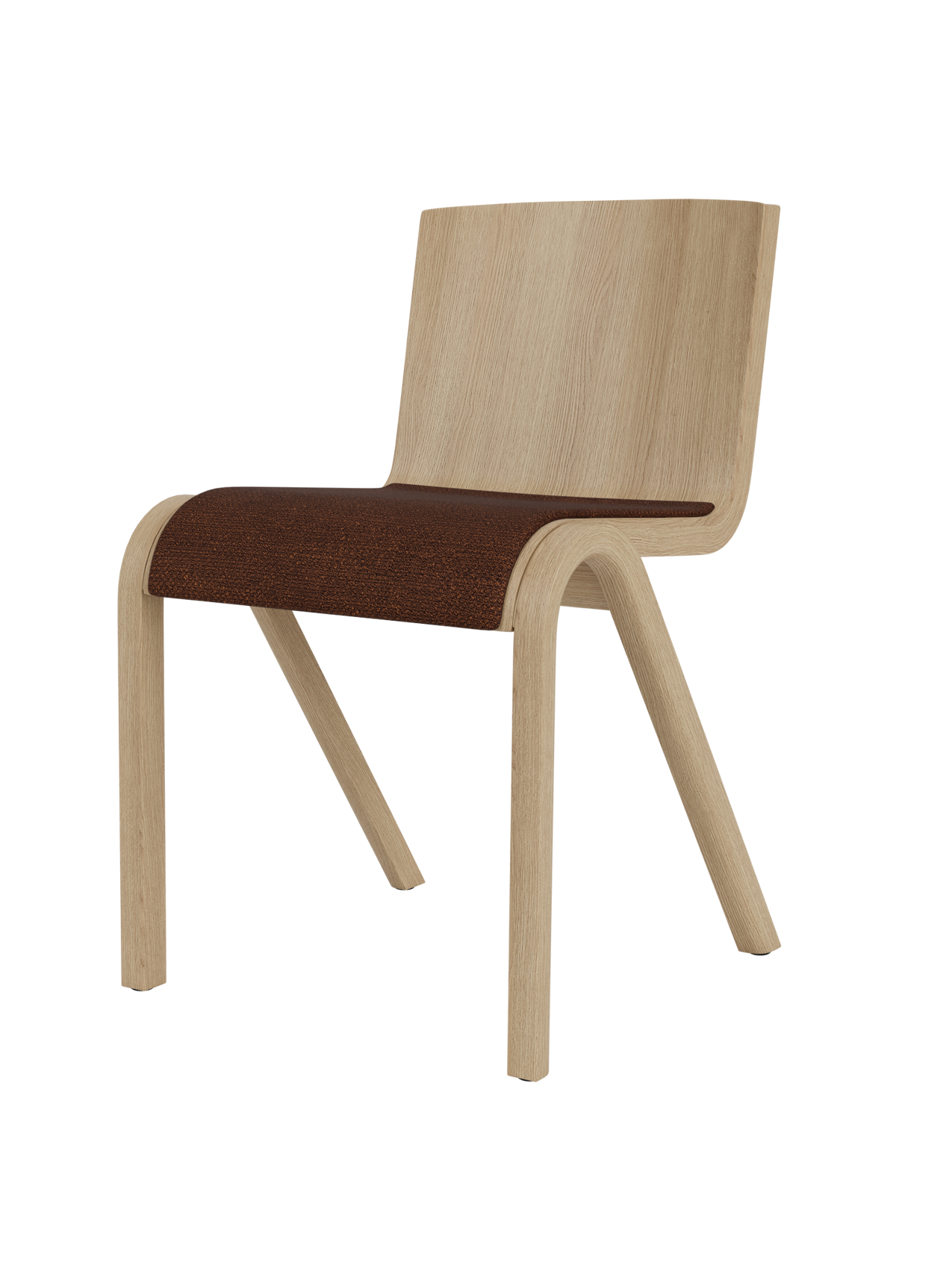A three-quarter view of the Ready Dining Chair with a natural oak veneer frame and a seat upholstered in brown bouclé fabric.