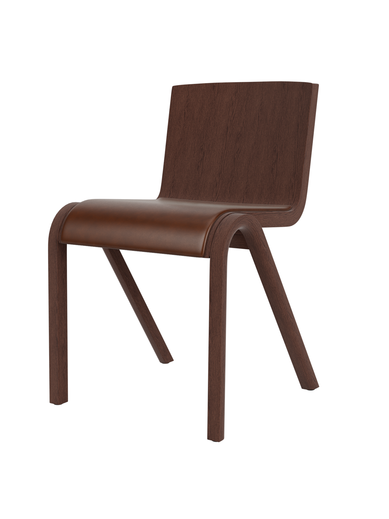 A three-quarter view of the Ready Dining Chair with an upholstered seat, red-stained oak frame and brown upholstery.