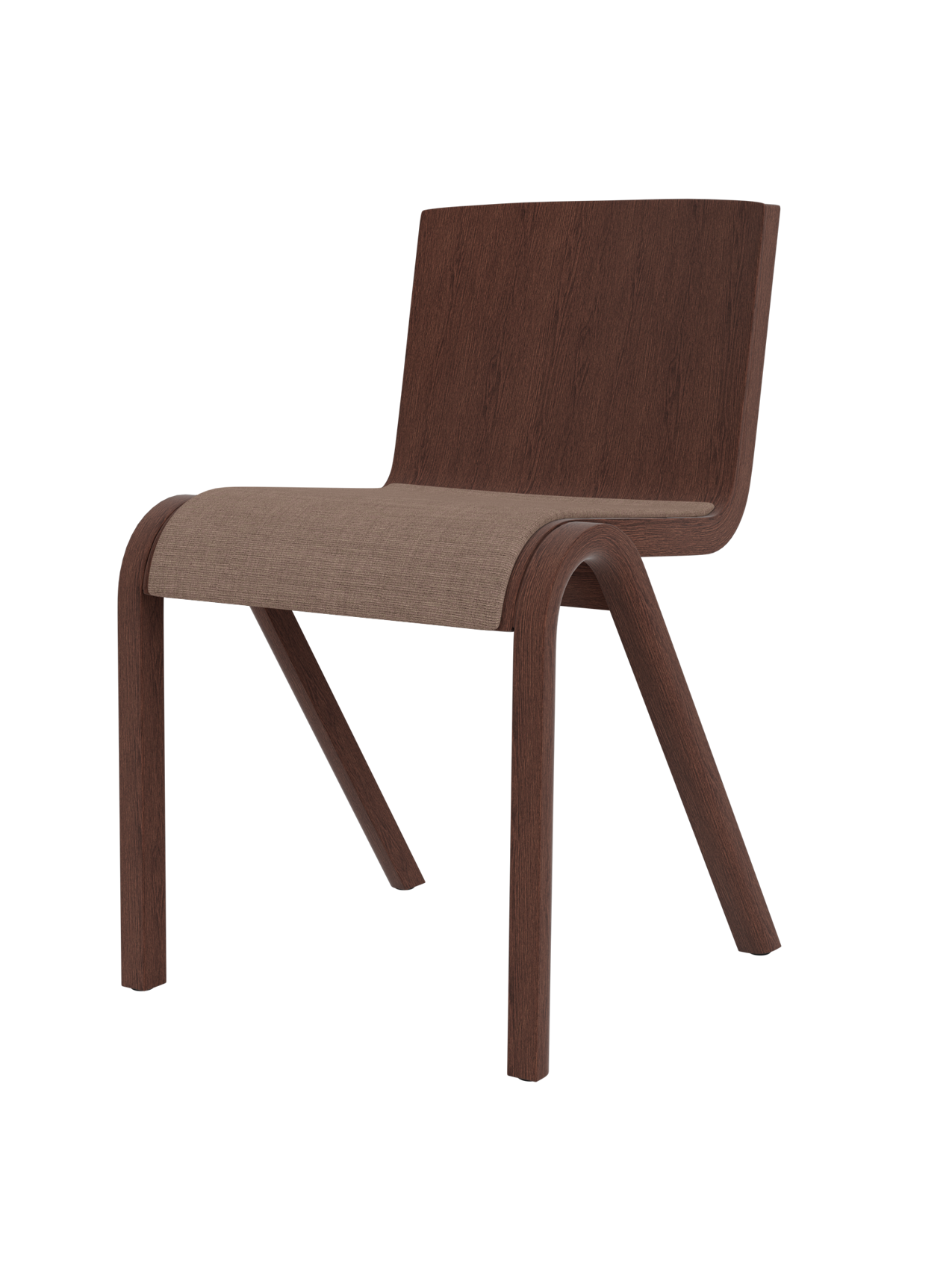 Ready Dining Chair, Seat Upholstered, in red stained oak with a light brown canvas upholstered seat, on a black background.