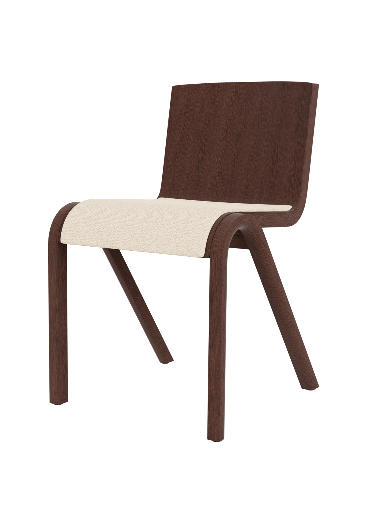 The Ready Dining Chair with its seat upholstered in cream Logan Jasmine fabric and its frame made of dark, red-stained oak.