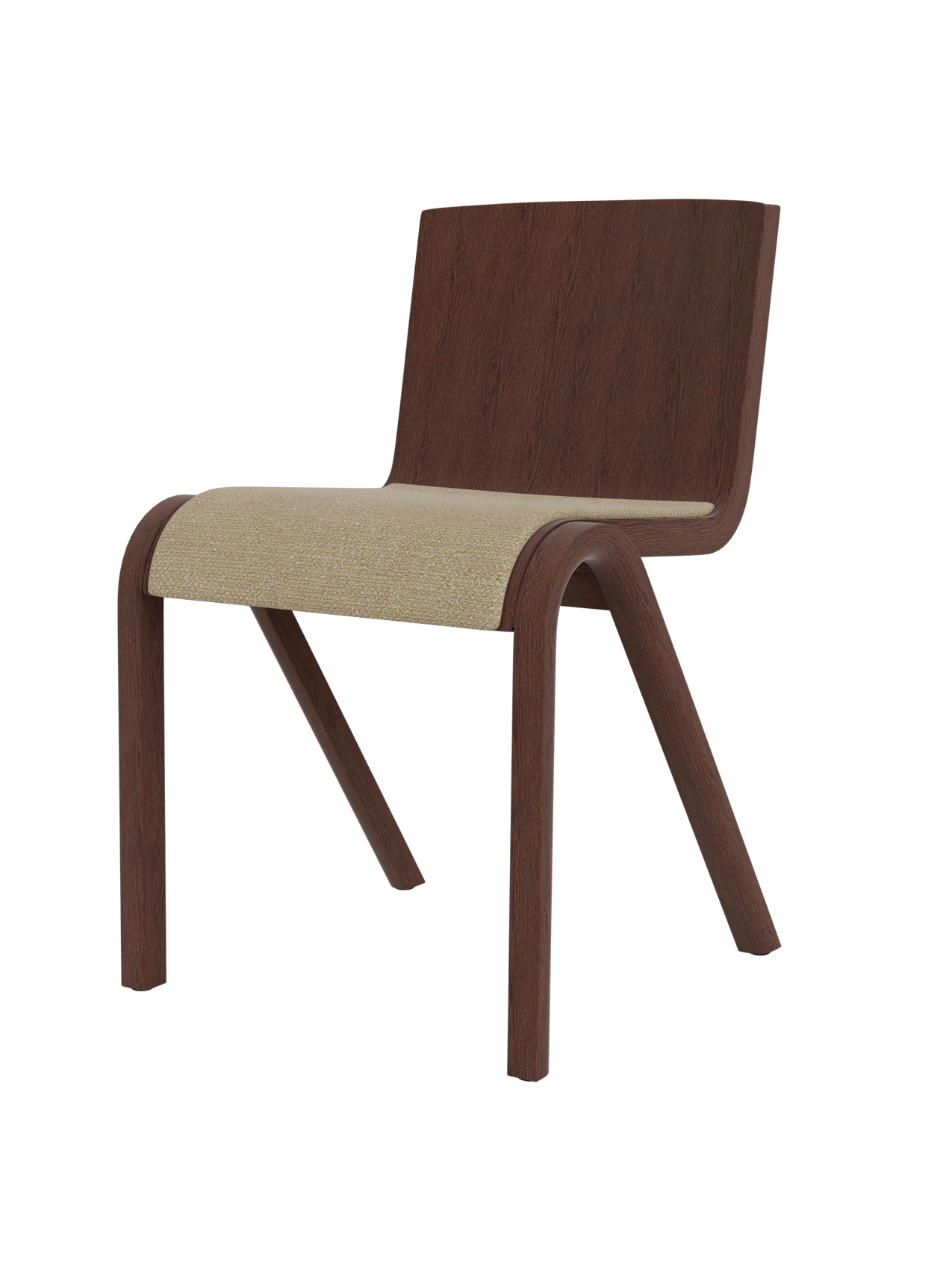 A side view of the Ready Dining Chair with a red-stained oak frame and a seat upholstered in light Audo Bouclé fabric.