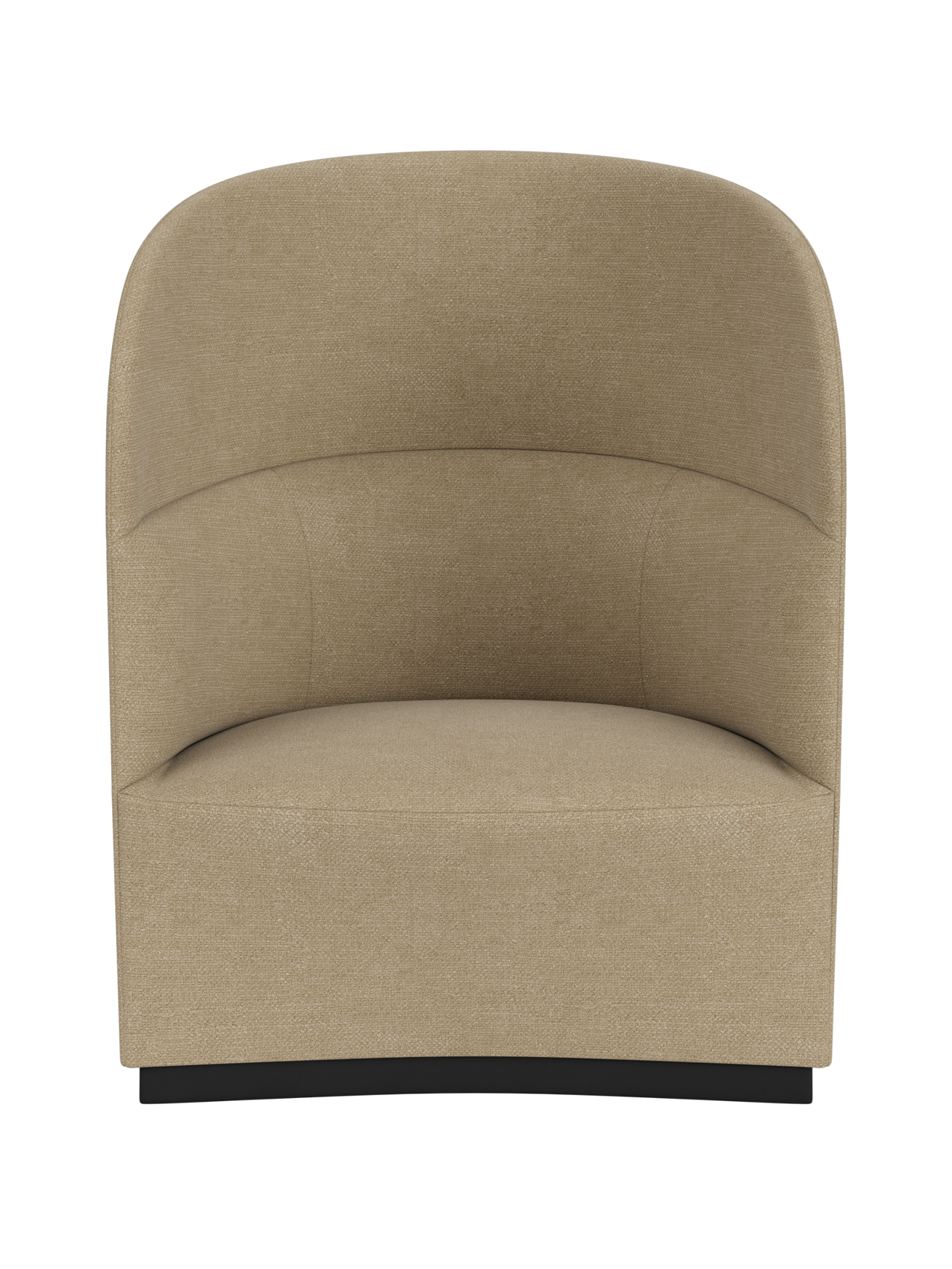 Front view of the Tearoom Lounge Chair, High Back upholstered in light brown Audo Bouclé 02, set against a black background.