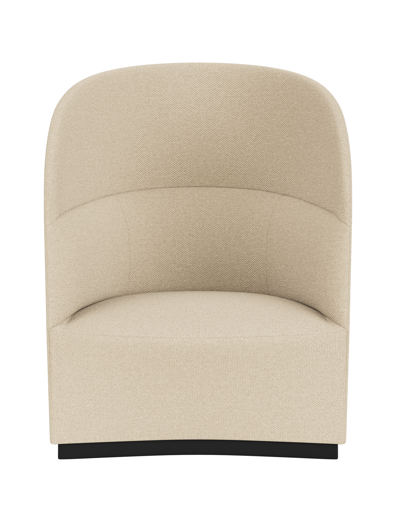 A front view of the Tearoom Lounge Chair, High Back, upholstered in textured Logan Sand fabric against a black background.