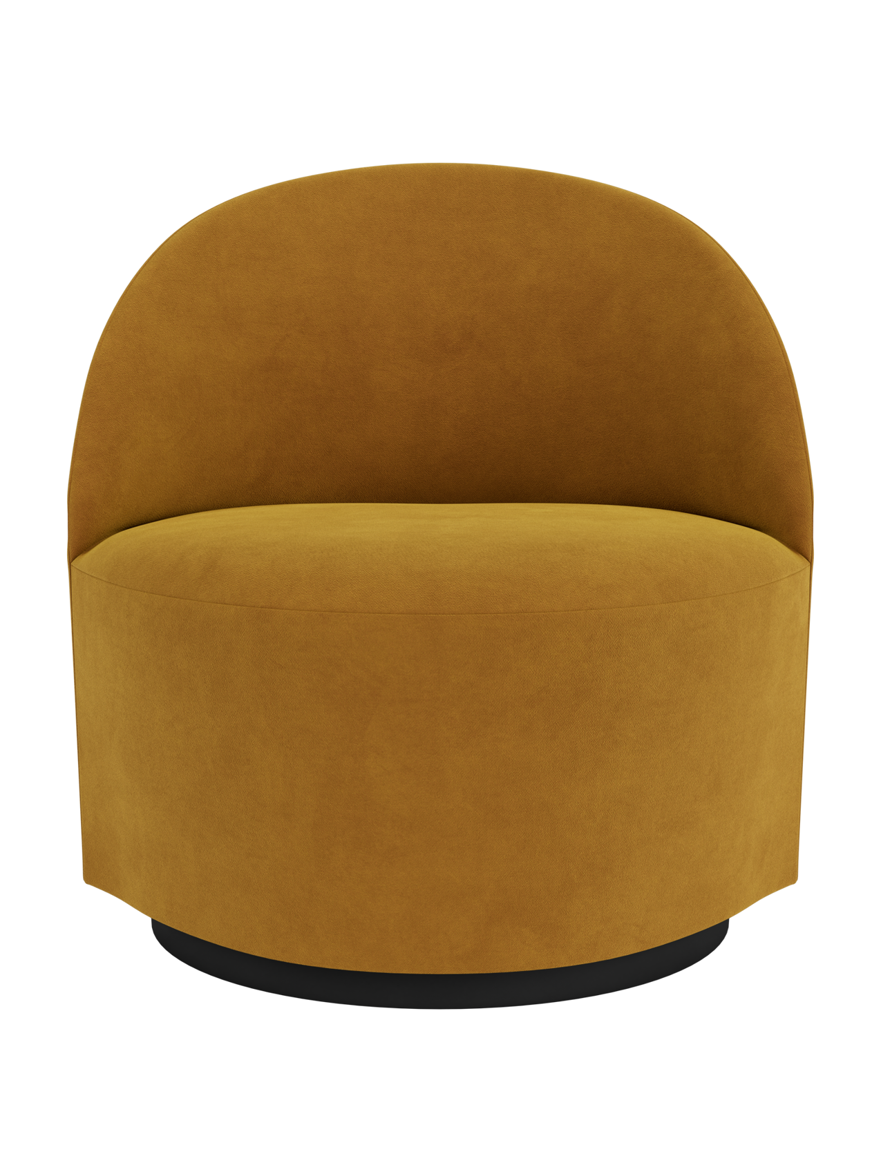 Tearoom Lounge Chair, Swivel w/Return in a mustard-yellow fabric, featuring a curved back and a black swivel base.