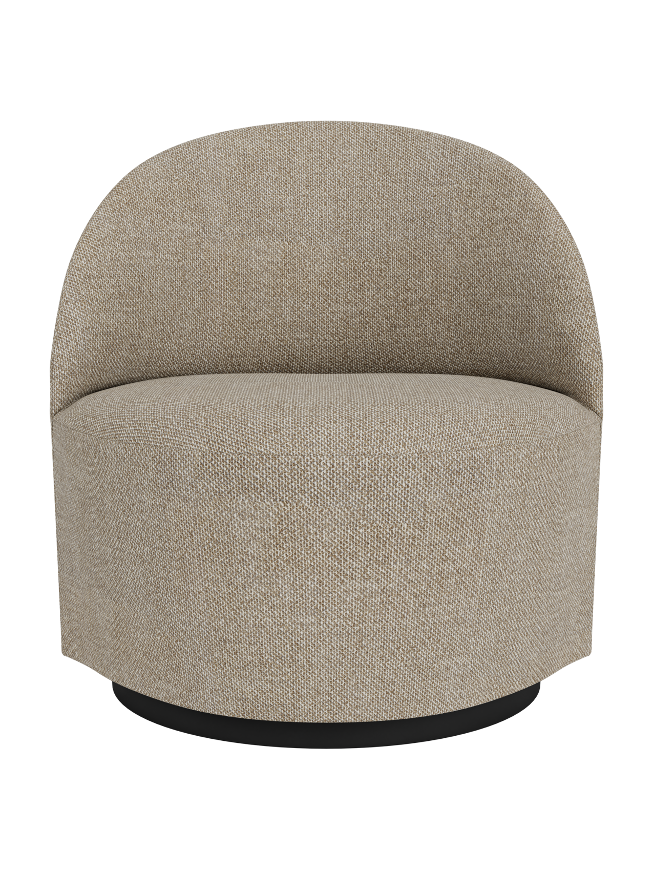 Front view of the Tearoom Lounge Chair, Swivel w/Return, upholstered in a light brown textured fabric on a dark plinth base.