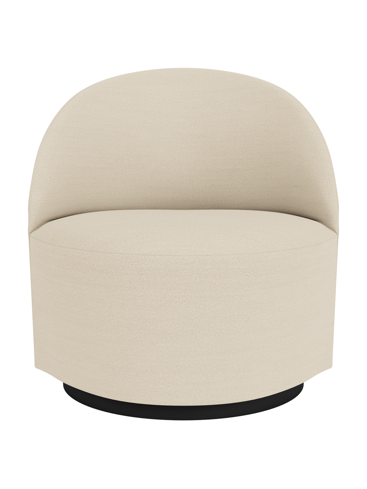 A front view of the Tearoom Lounge Chair, Swivel w/Return, upholstered in light beige Hallingdal 200 fabric on a black base.