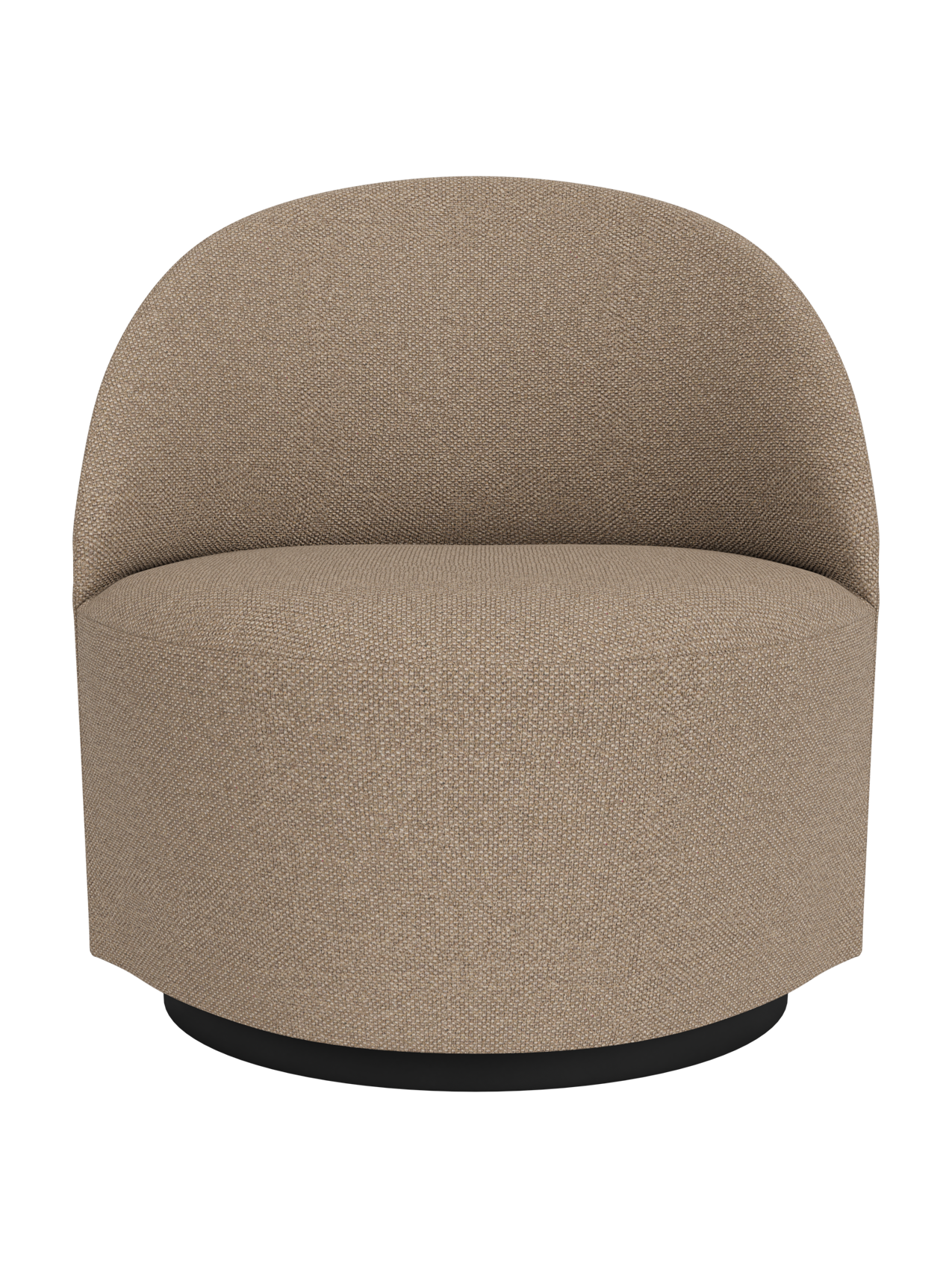 Front view of the Tearoom Lounge Chair, Swivel w/Return in textured, light brown Logan Flint fabric on a black base.