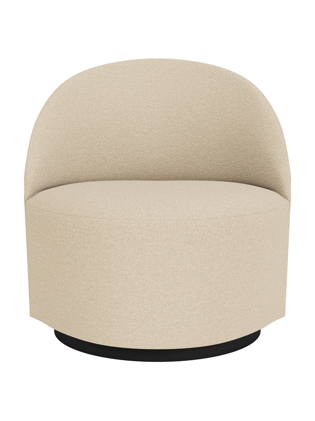 Front view of the Tearoom Lounge Chair, Swivel w/Return, upholstered in Logan Sand fabric with a rounded back and base.