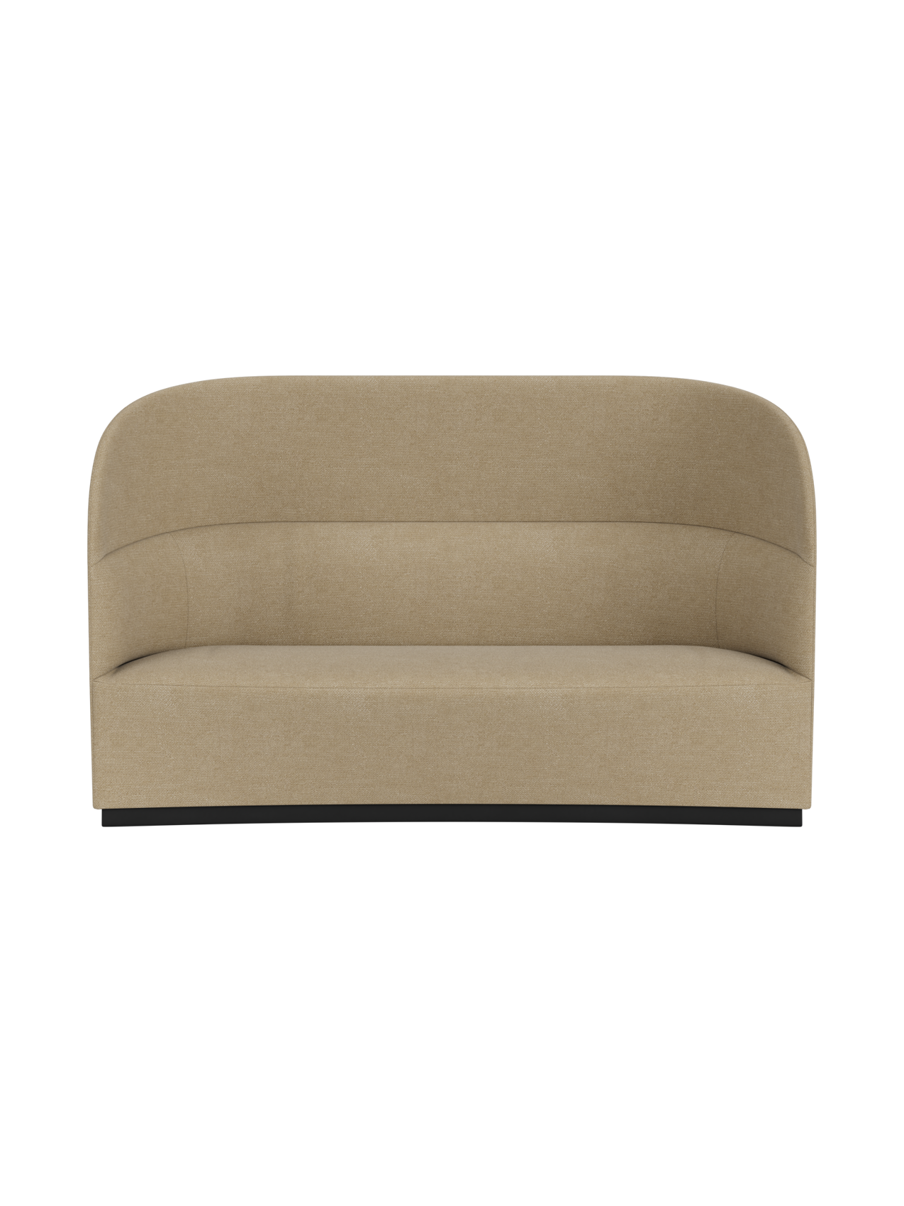 Front-on view of the Tearoom Sofa, High Back, upholstered in a beige Audo Bouclé 02 fabric, on a black background.