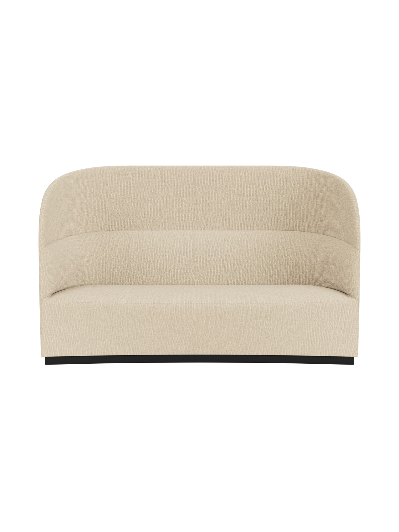 Front view of the Tearoom Sofa, High Back upholstered in a textured, sandy-beige Logan Sand fabric, on a recessed black base.